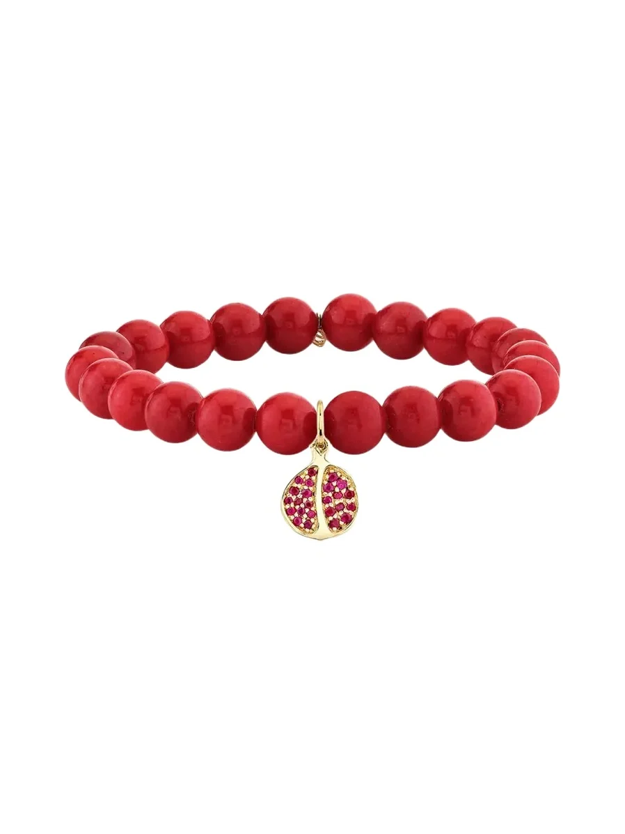 Sydney Evan 14K Ruby Pomegranate on Red Jade Beaded Stretch Bracelet