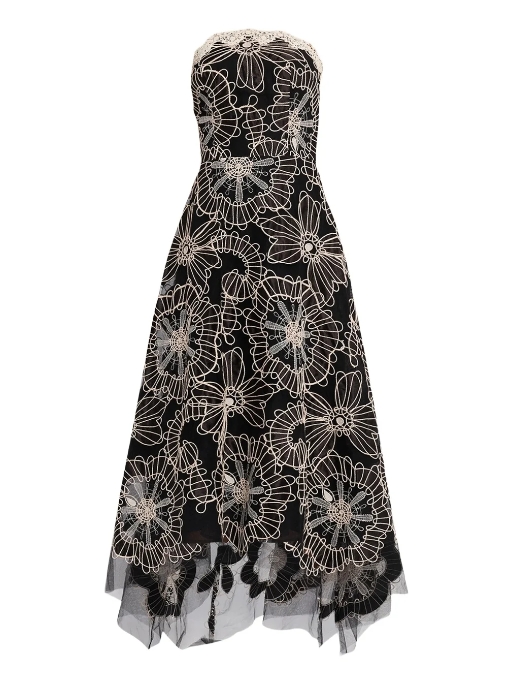 Strapless Floral-Embroidered Tulle Maxi Dress