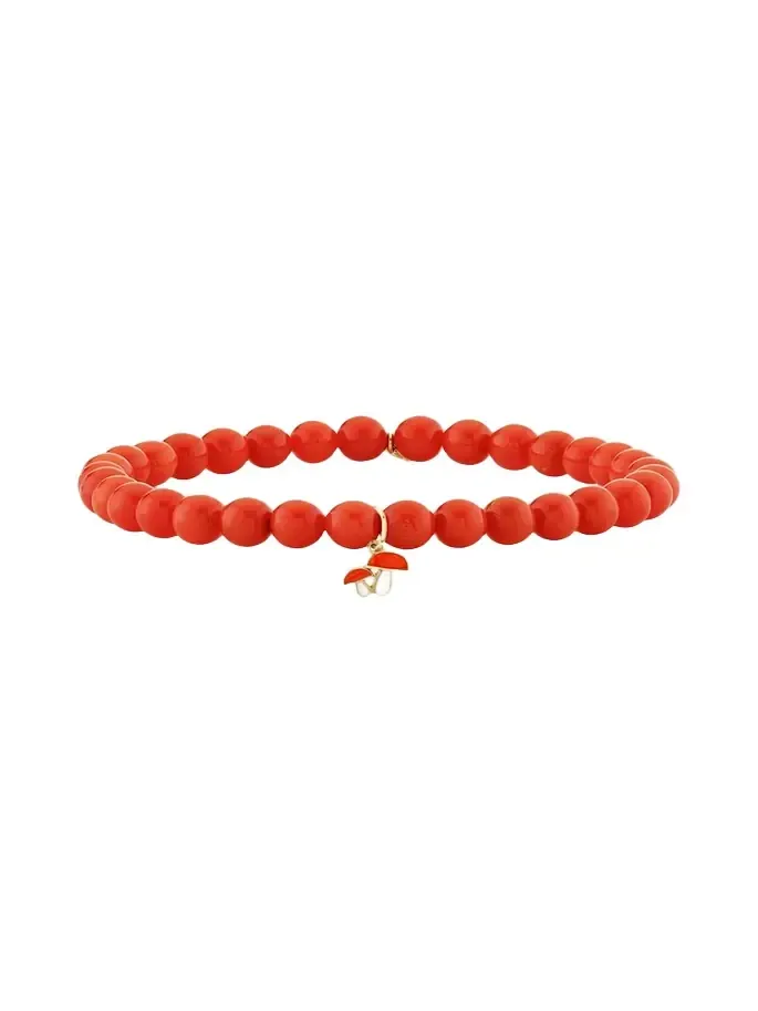 14K Mushroom Charm on Peach Coral Stretch Bracelet