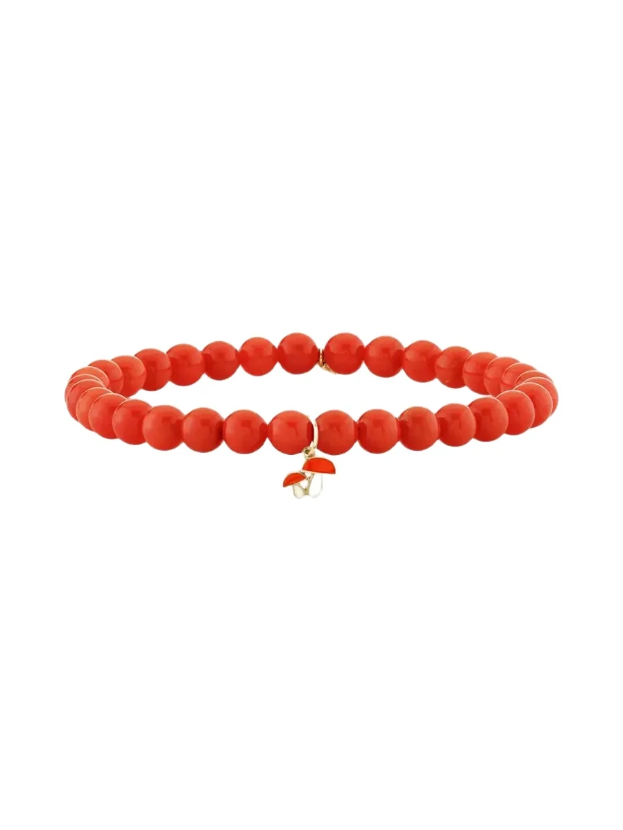 Sydney Evan 14K Mushroom Charm on Peach Coral Stretch Bracelet