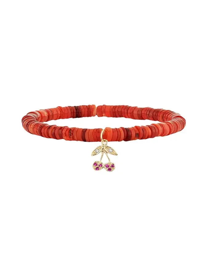 14K Diamond and Ruby Cherry on Red Opal Stretch Bracelet 14K Diamond and Ruby Cherry on Red Opal Stretch Bracelet