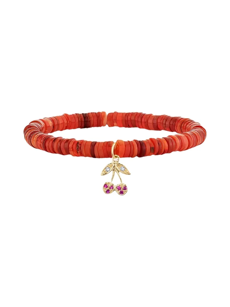 Sydney Evan 14K Diamond and Ruby Cherry on Red Opal Stretch Bracelet