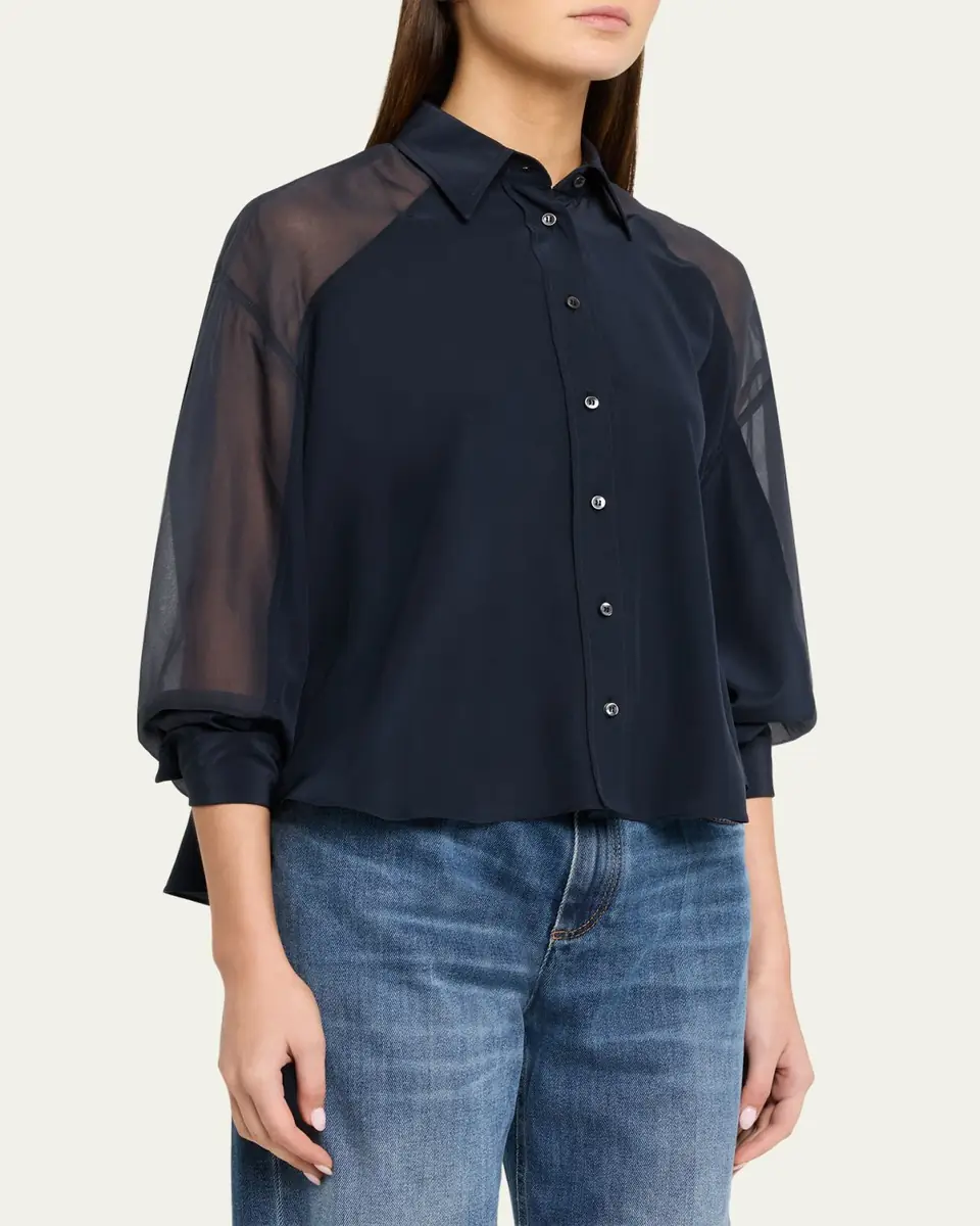 Brunello Cucinelli Chiffon Raglan Sleeve Button-Down Shirt | Thumbnail 4