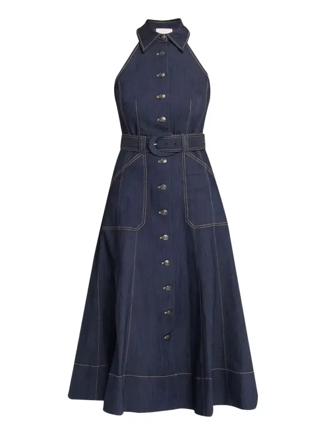 Adina Belted Denim Midi Dress