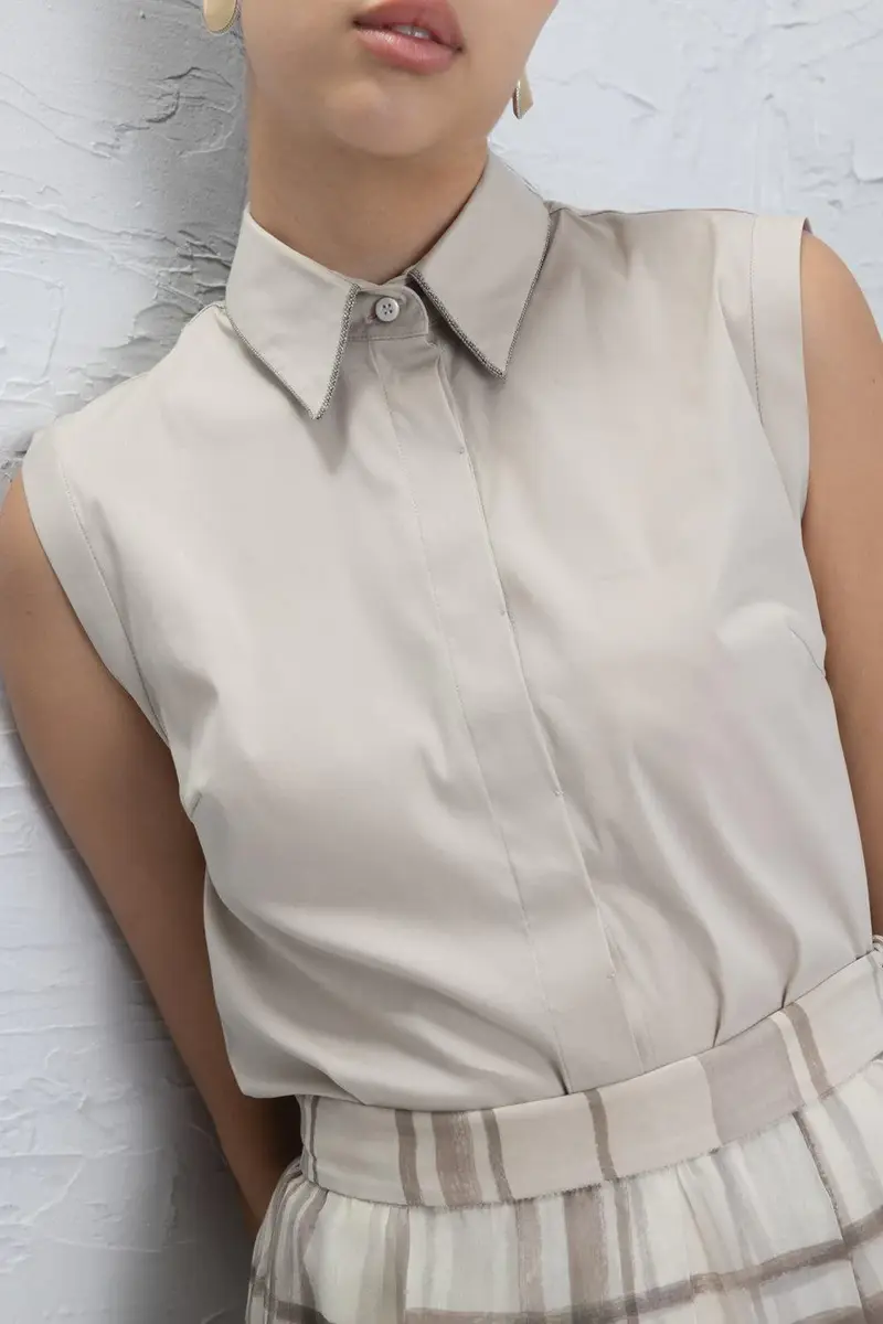 Brunello Cucinelli Monili Trim Sleeveless Top - Stoney Ground | Thumbnail 3 Brunello Cucinelli Monili Trim Sleeveless Top - Stoney Ground | Thumbnail 3