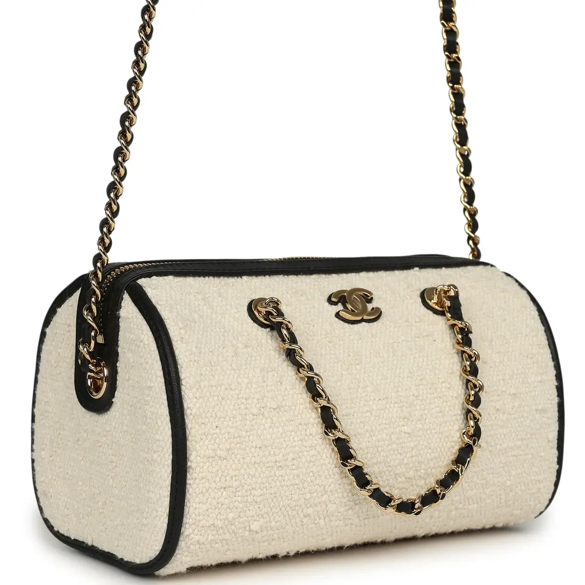 Chanel Chanel Coco Beach Mini Timeless Classic Barrel Bag with Chain Ecru Tweed and Black Calfskin Gold Hardware | Thumbnail 2 Chanel Chanel Coco Beach Mini Timeless Classic Barrel Bag with Chain Ecru Tweed and Black Calfskin Gold Hardware | Thumbnail 2