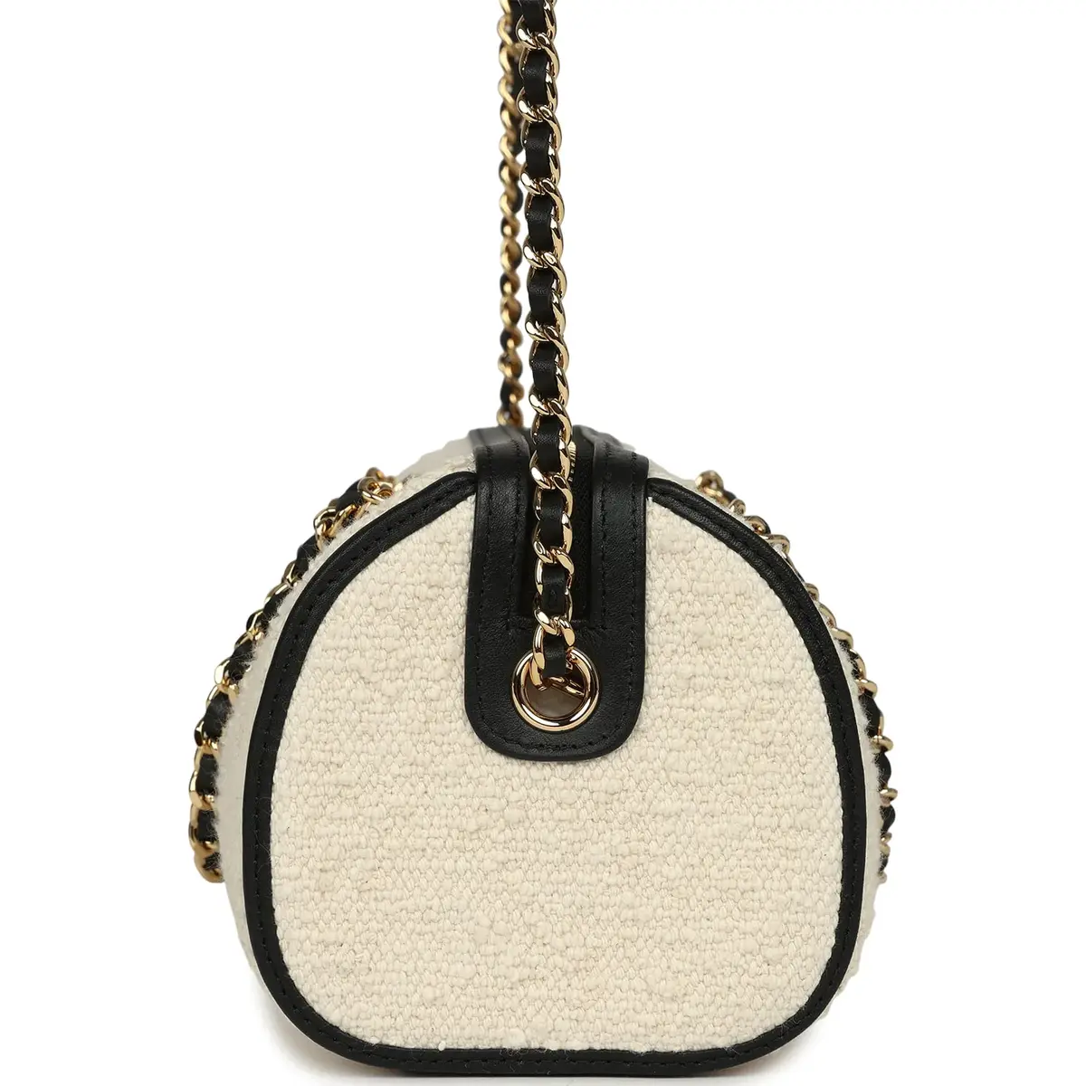 Chanel Chanel Coco Beach Mini Timeless Classic Barrel Bag with Chain Ecru Tweed and Black Calfskin Gold Hardware | Thumbnail 3 Chanel Chanel Coco Beach Mini Timeless Classic Barrel Bag with Chain Ecru Tweed and Black Calfskin Gold Hardware | Thumbnail 3
