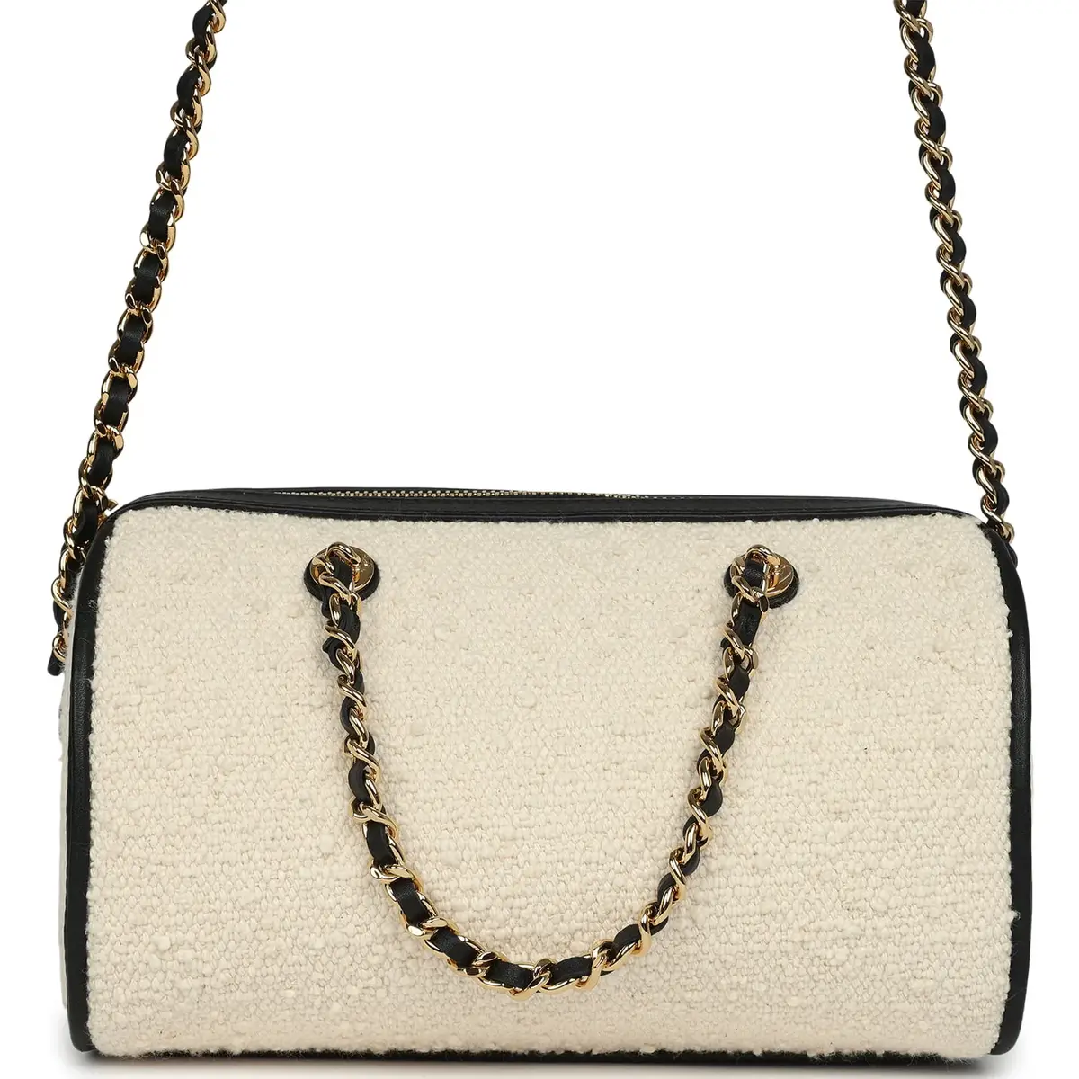 Chanel Chanel Coco Beach Mini Timeless Classic Barrel Bag with Chain Ecru Tweed and Black Calfskin Gold Hardware | Thumbnail 4 Chanel Chanel Coco Beach Mini Timeless Classic Barrel Bag with Chain Ecru Tweed and Black Calfskin Gold Hardware | Thumbnail 4