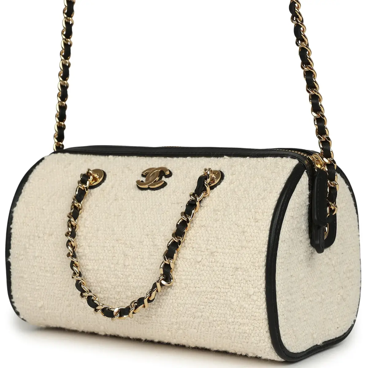 Chanel Chanel Coco Beach Mini Timeless Classic Barrel Bag with Chain Ecru Tweed and Black Calfskin Gold Hardware | Thumbnail 5 Chanel Chanel Coco Beach Mini Timeless Classic Barrel Bag with Chain Ecru Tweed and Black Calfskin Gold Hardware | Thumbnail 5