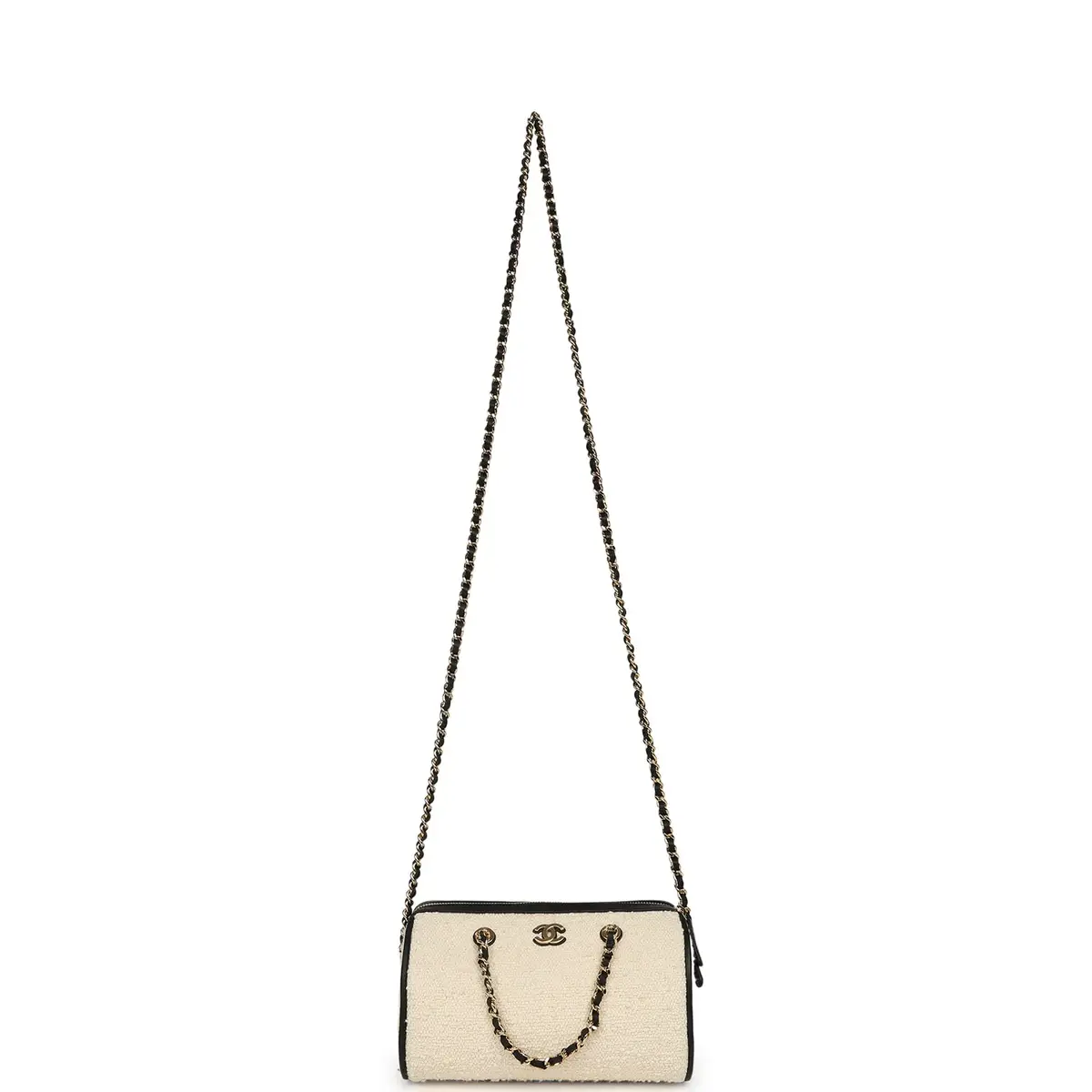 Chanel Chanel Coco Beach Mini Timeless Classic Barrel Bag with Chain Ecru Tweed and Black Calfskin Gold Hardware | Thumbnail 6 Chanel Chanel Coco Beach Mini Timeless Classic Barrel Bag with Chain Ecru Tweed and Black Calfskin Gold Hardware | Thumbnail 6