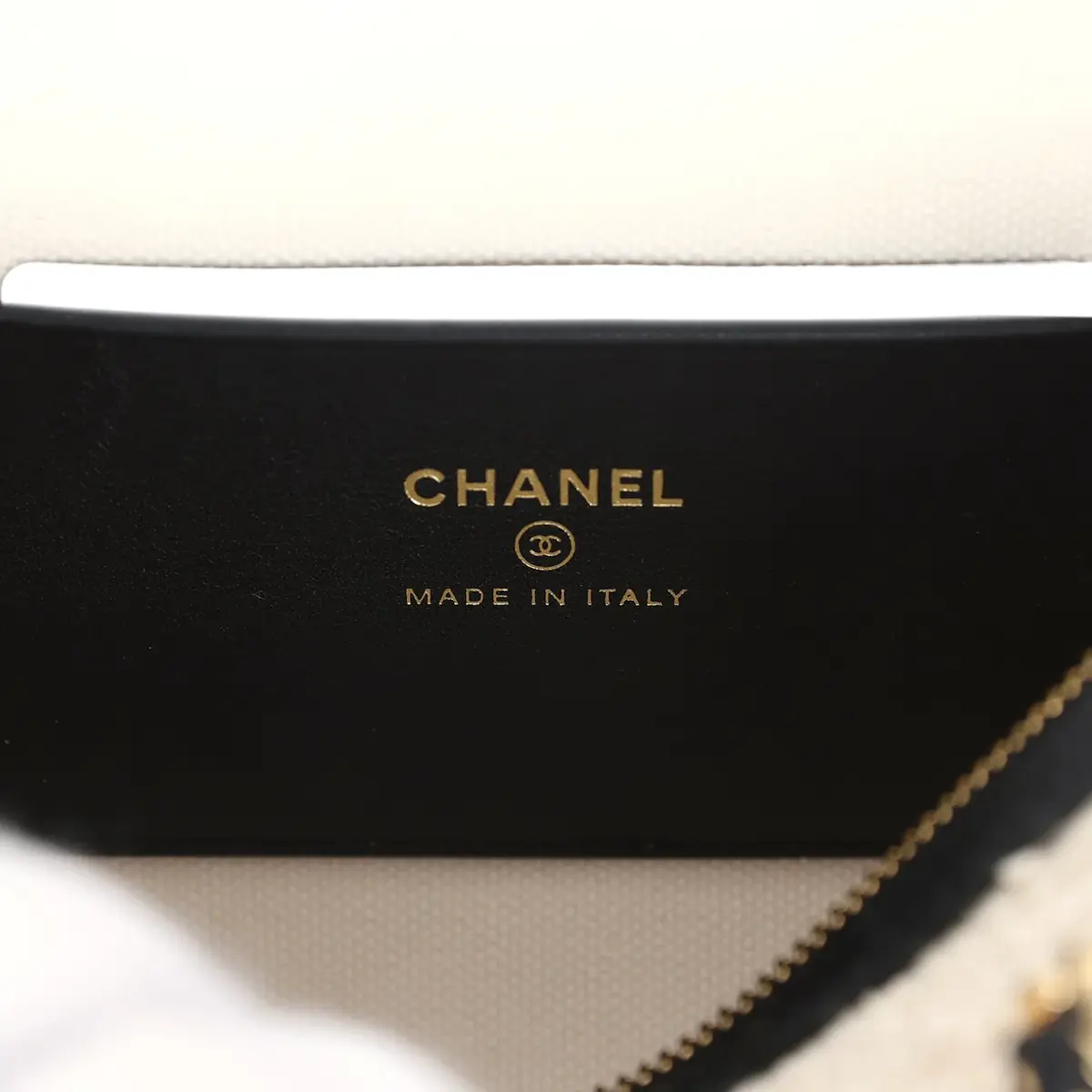 Chanel Chanel Coco Beach Mini Timeless Classic Barrel Bag with Chain Ecru Tweed and Black Calfskin Gold Hardware | Thumbnail 9 Chanel Chanel Coco Beach Mini Timeless Classic Barrel Bag with Chain Ecru Tweed and Black Calfskin Gold Hardware | Thumbnail 9