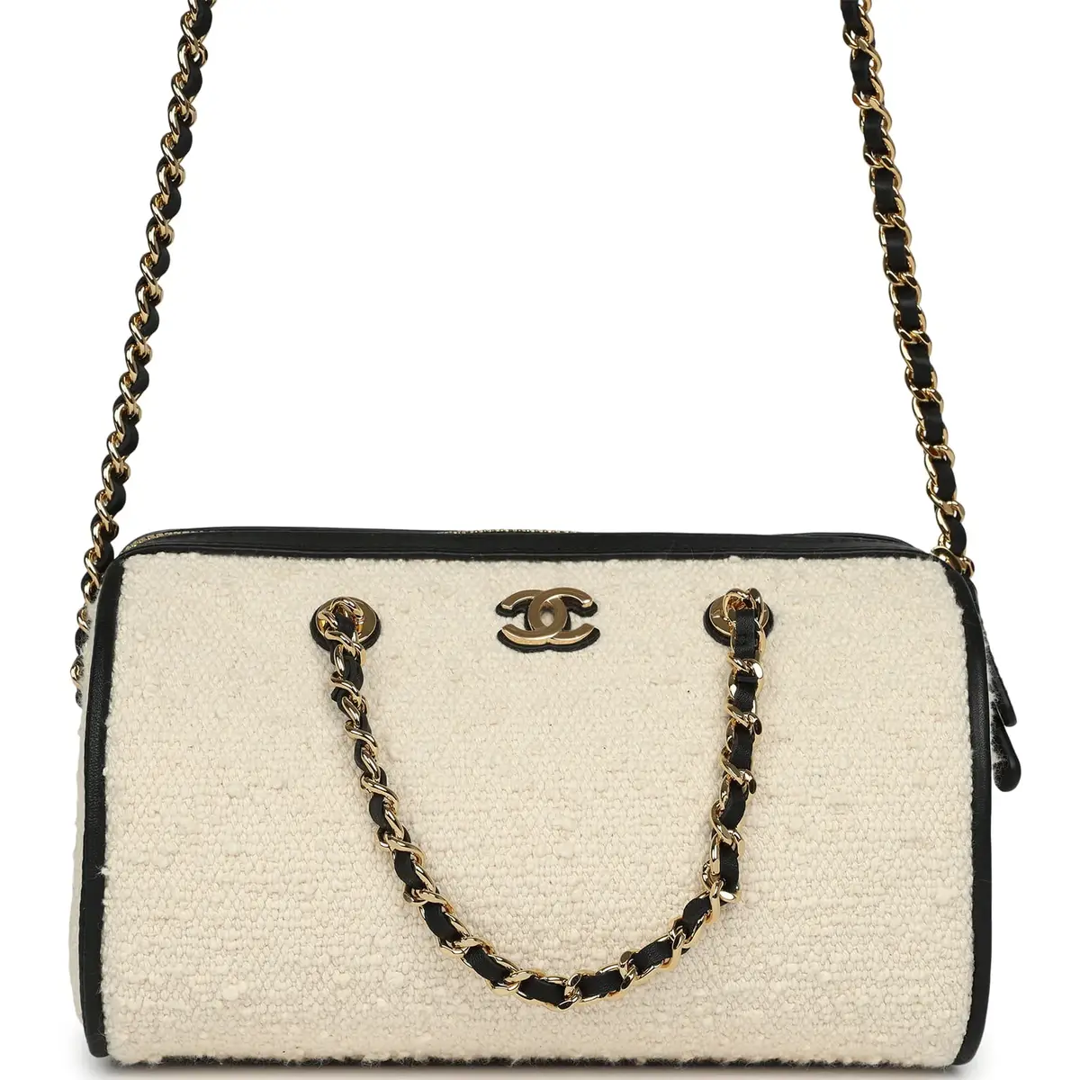 Chanel Chanel Coco Beach Mini Timeless Classic Barrel Bag with Chain Ecru Tweed and Black Calfskin Gold Hardware