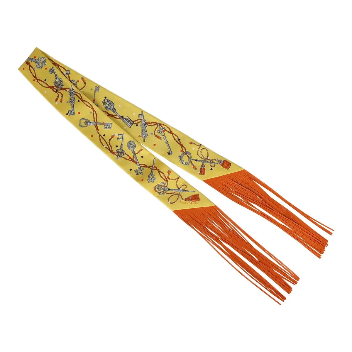 HERMÈS Hermes "Les Cles a Pois" Jaune, Argent and Orange Vif Fringe Silk | Thumbnail 2 HERMÈS Hermes "Les Cles a Pois" Jaune, Argent and Orange Vif Fringe Silk | Thumbnail 2