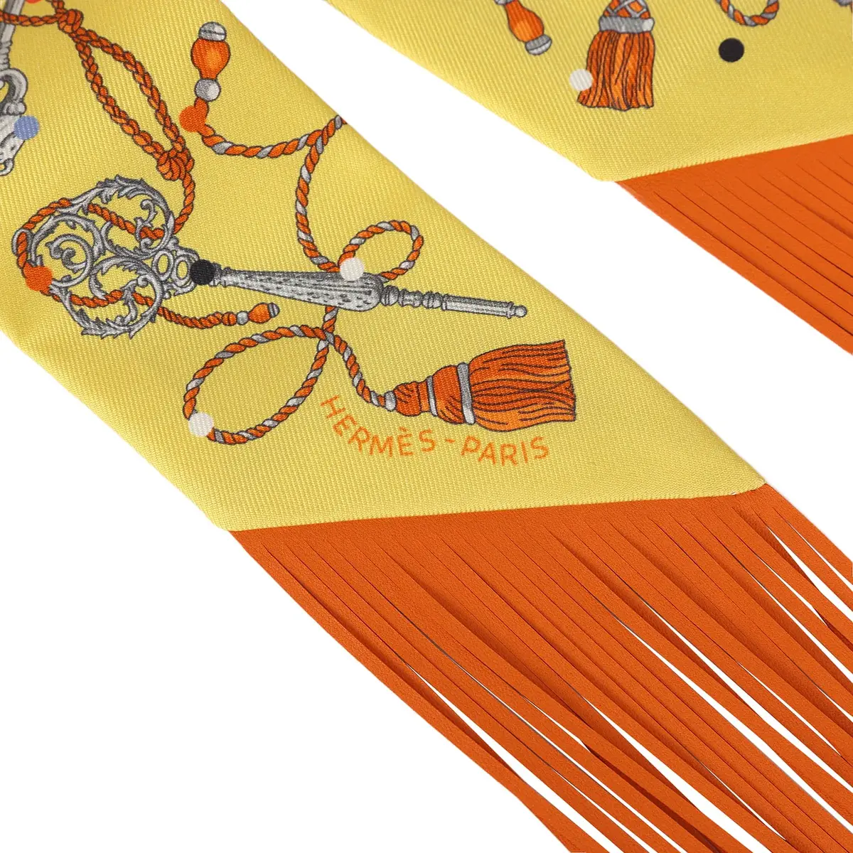 HERMÈS Hermes "Les Cles a Pois" Jaune, Argent and Orange Vif Fringe Silk | Thumbnail 3 HERMÈS Hermes "Les Cles a Pois" Jaune, Argent and Orange Vif Fringe Silk | Thumbnail 3