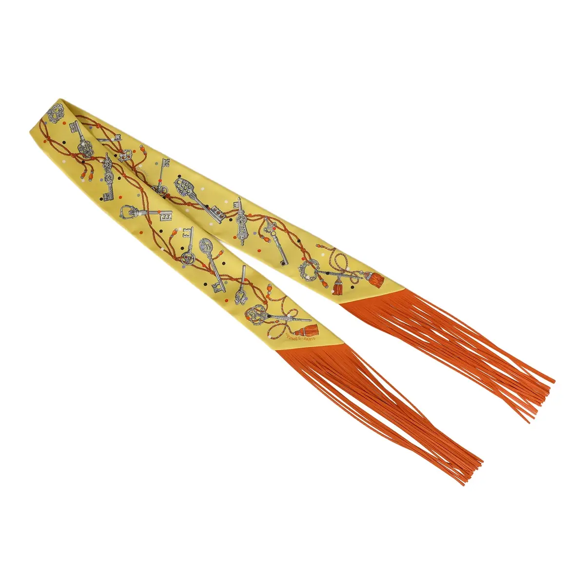 HERMÈS Hermes "Les Cles a Pois" Jaune, Argent and Orange Vif Fringe Silk | Thumbnail 2 HERMÈS Hermes "Les Cles a Pois" Jaune, Argent and Orange Vif Fringe Silk | Thumbnail 2