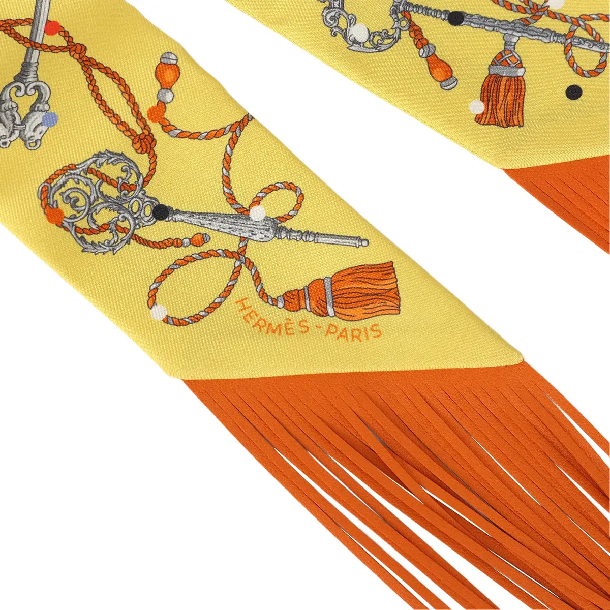 HERMÈS Hermes "Les Cles a Pois" Jaune, Argent and Orange Vif Fringe Silk | Thumbnail 3 HERMÈS Hermes "Les Cles a Pois" Jaune, Argent and Orange Vif Fringe Silk | Thumbnail 3