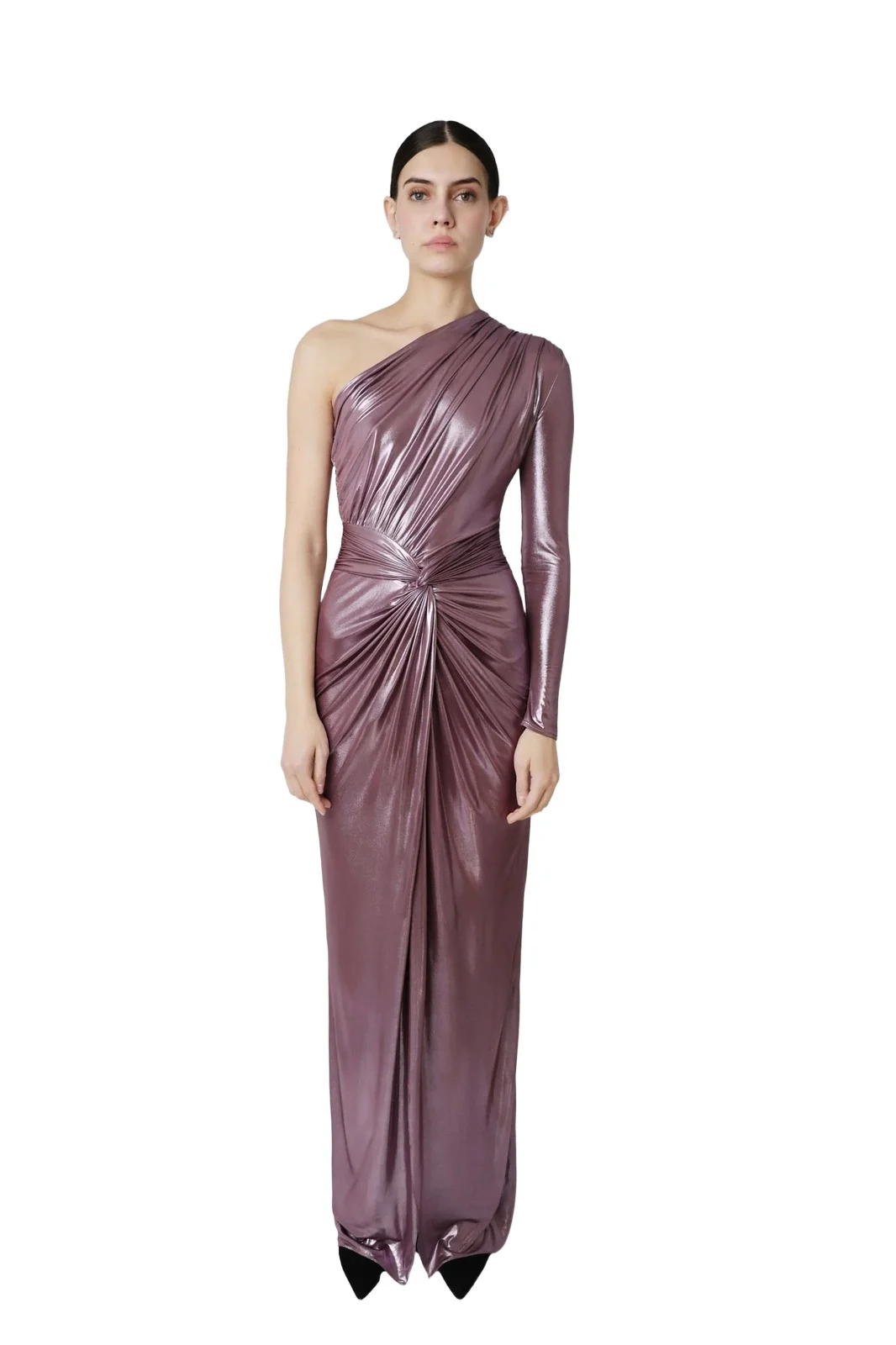Coated Jersey One Shoulder Draped Maxi Dress