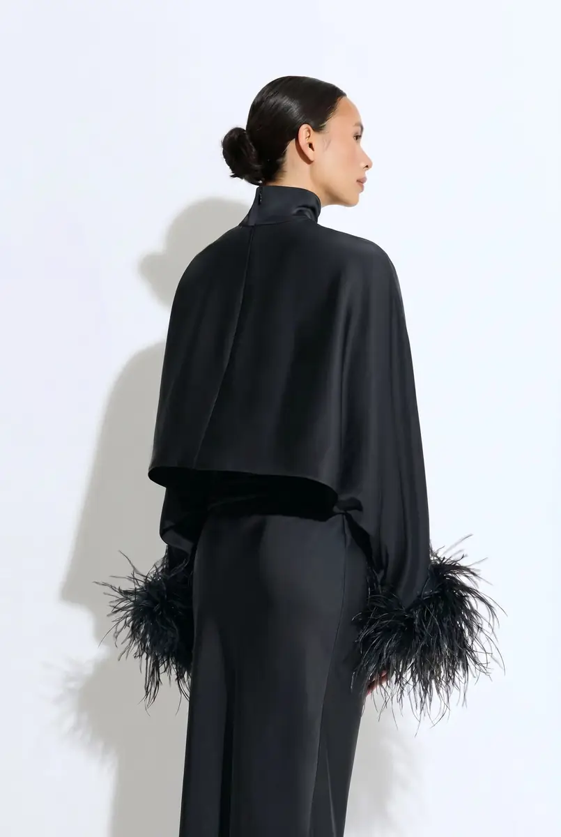 Lapointe Lightweight Satin Caftan Top With Feathers | Thumbnail 2 Lapointe Lightweight Satin Caftan Top With Feathers | Thumbnail 2