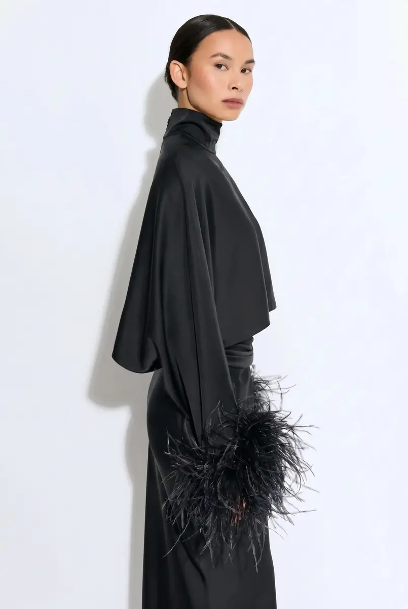 Lapointe Lightweight Satin Caftan Top With Feathers | Thumbnail 3 Lapointe Lightweight Satin Caftan Top With Feathers | Thumbnail 3