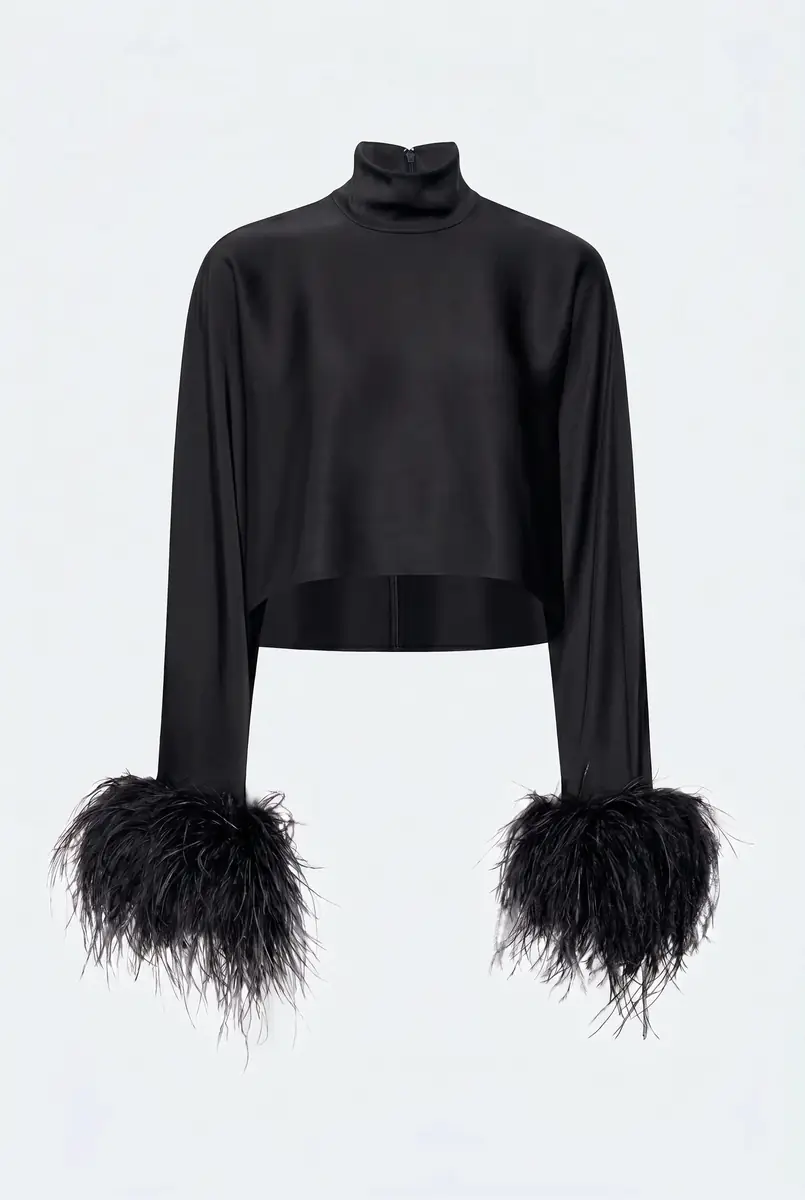 Lapointe Lightweight Satin Caftan Top With Feathers | Thumbnail 4 Lapointe Lightweight Satin Caftan Top With Feathers | Thumbnail 4
