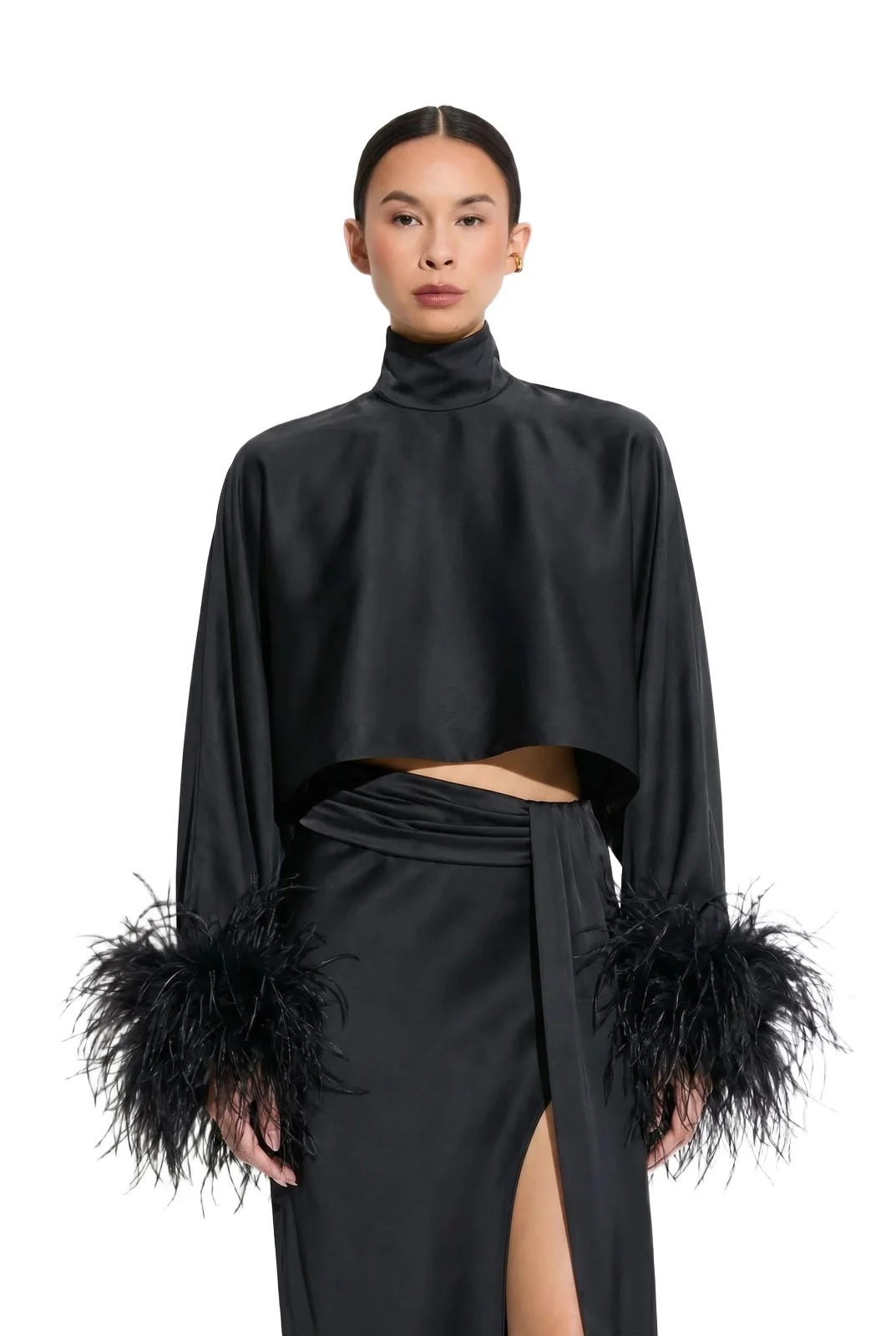 Lapointe Lightweight Satin Caftan Top With Feathers