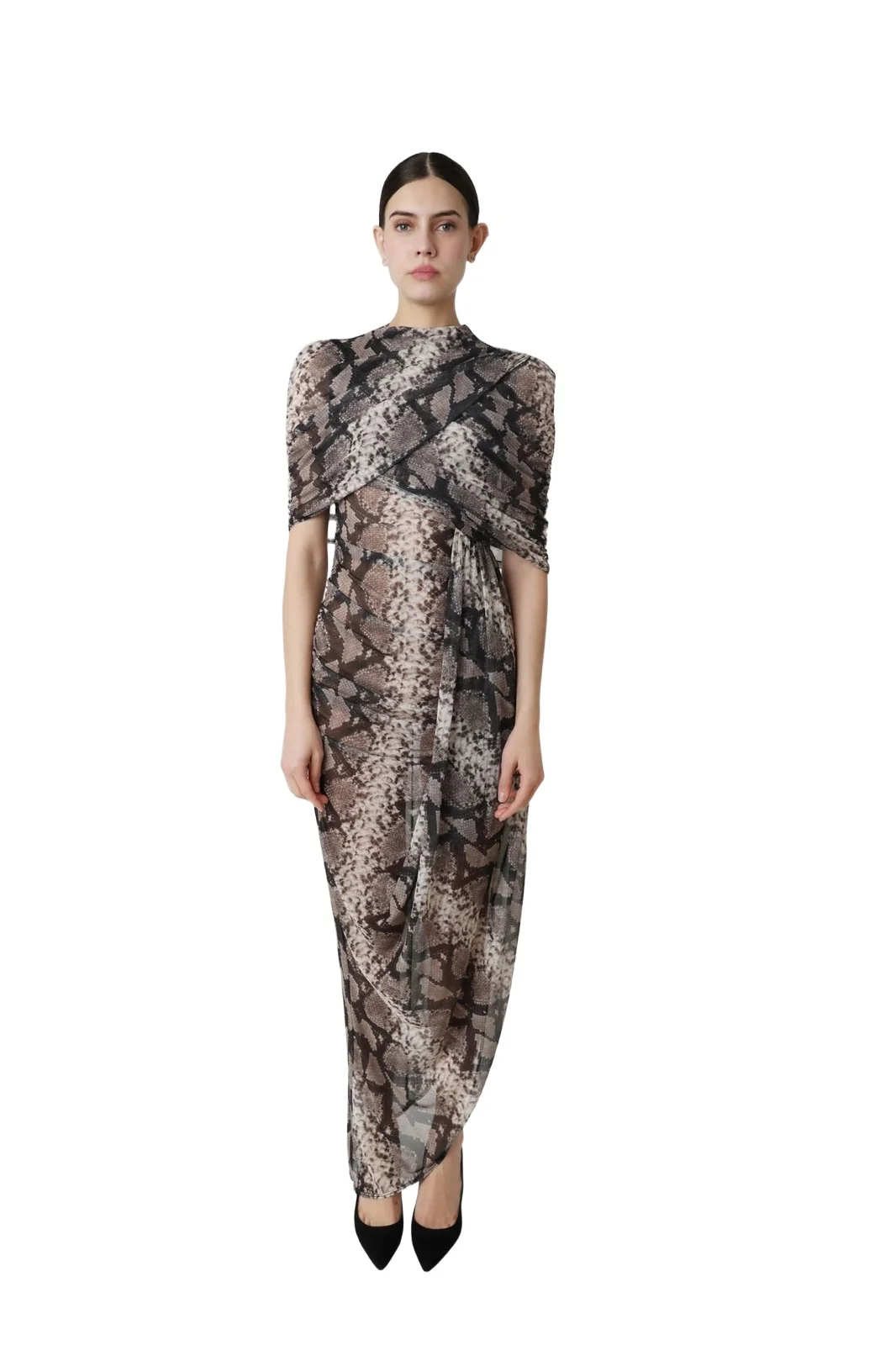 Printed Mesh Double Shawl Draped Dress