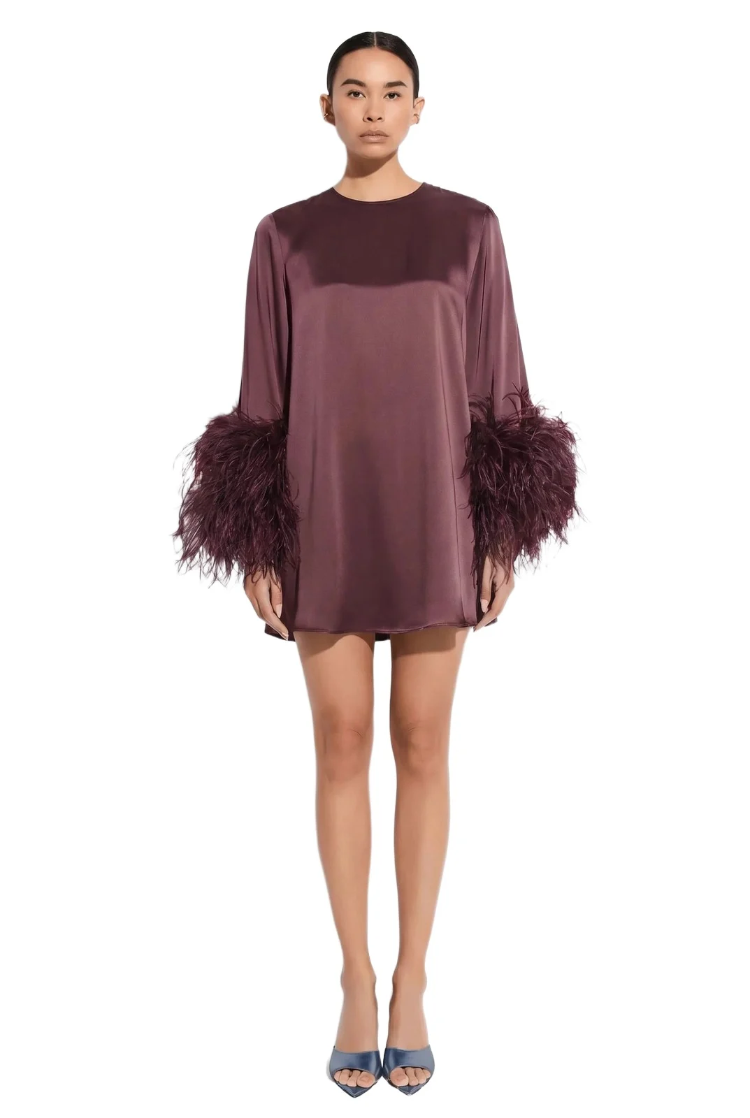 Satin Shift Dress With Feathers