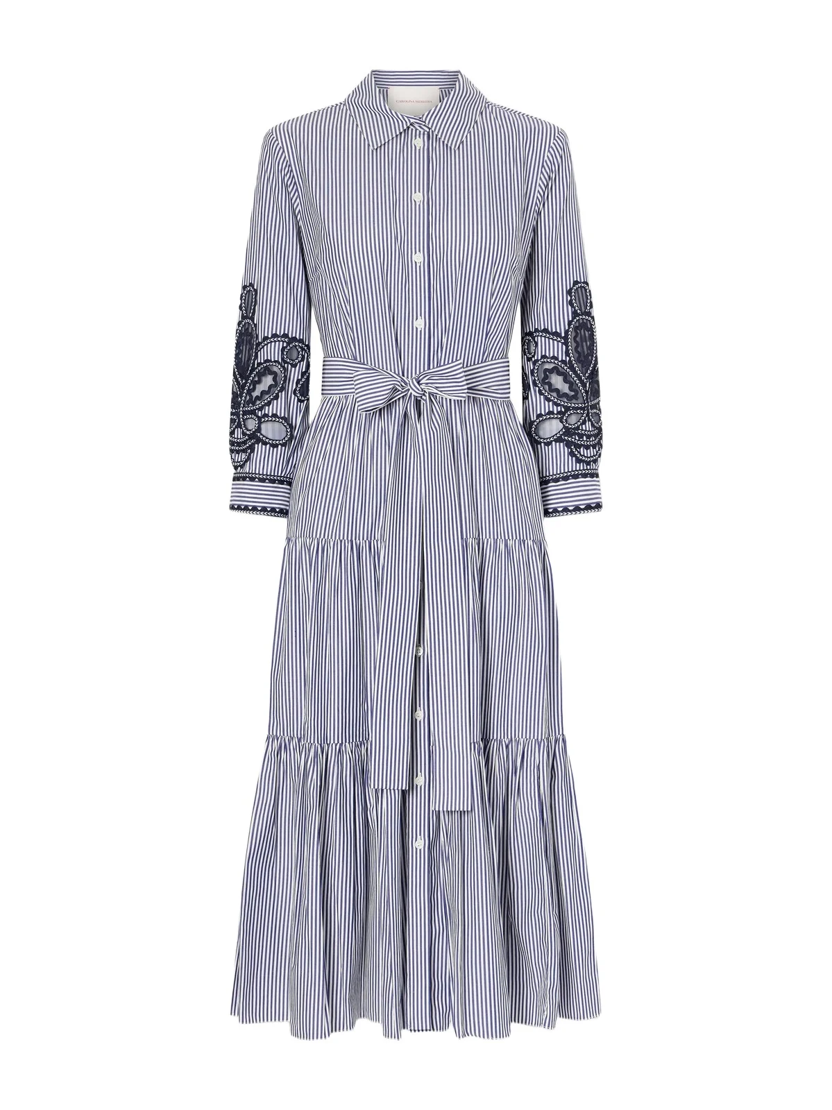 Carolina Herrera Belted Tiered Embroidered Striped Cotton-poplin Midi Dress
