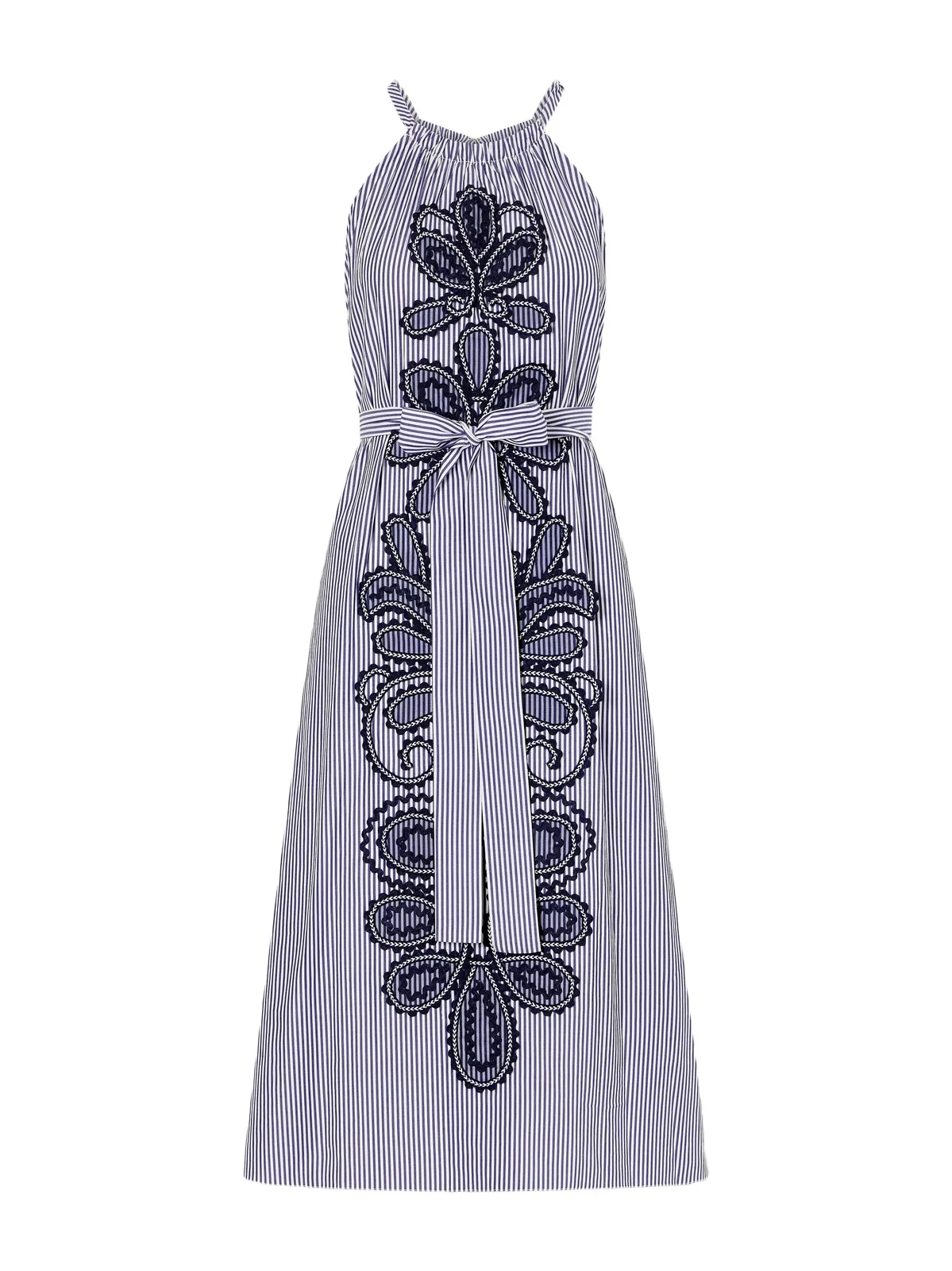 Belted Striped Embroidered Cotton-poplin Halterneck Midi Dress Belted Striped Embroidered Cotton-poplin Halterneck Midi Dress