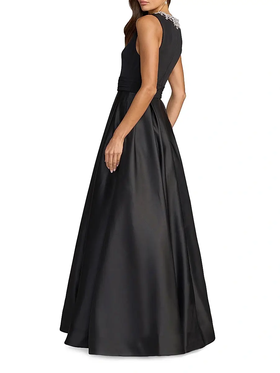 Mac Duggal Women's Jersey Sleeveless Satin-Skirt Beaded-Neck Gown | Thumbnail 2 Mac Duggal Women's Jersey Sleeveless Satin-Skirt Beaded-Neck Gown | Thumbnail 2