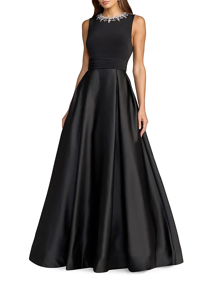 Mac Duggal Women's Jersey Sleeveless Satin-Skirt Beaded-Neck Gown