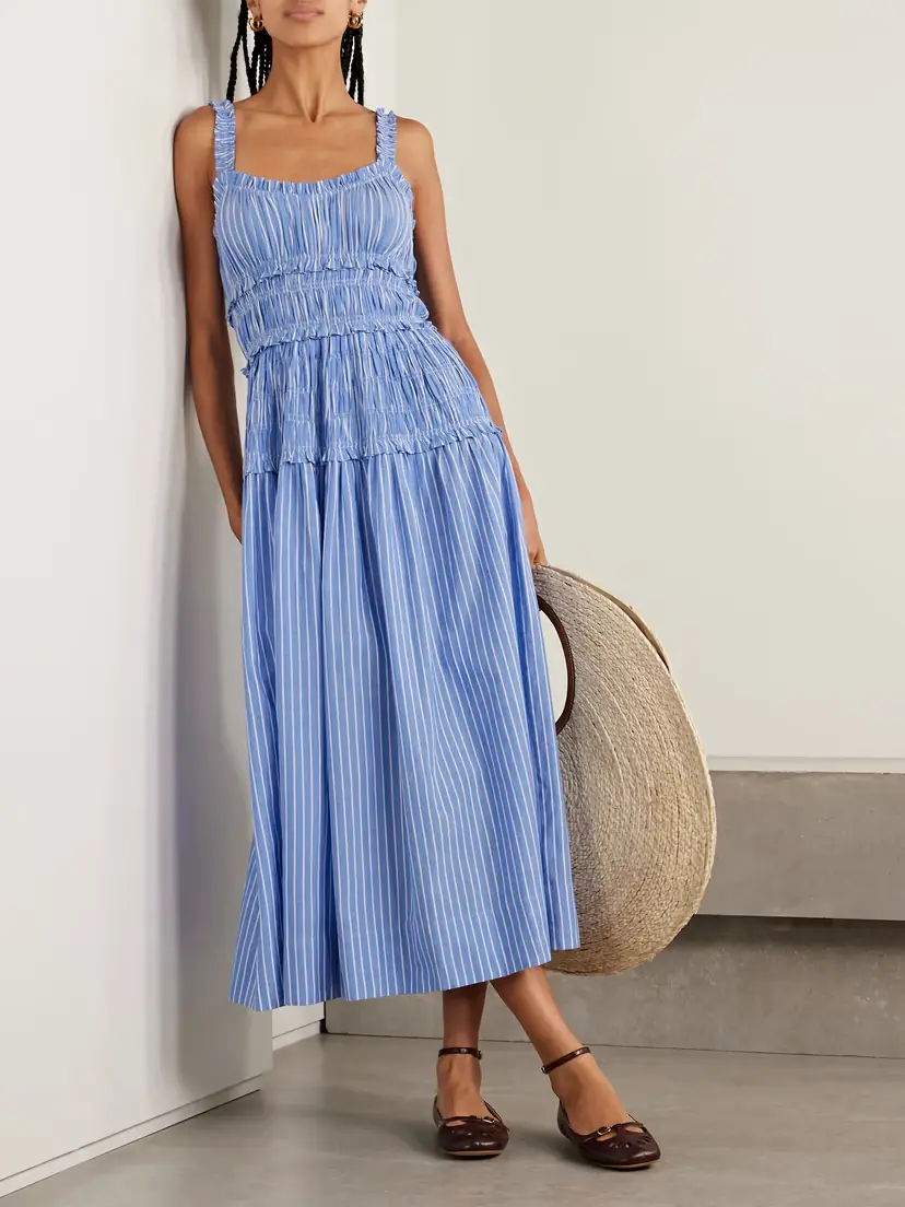 DÔEN Marianne Shirred Striped Cotton-poplin Midi Dress | Thumbnail 2 DÔEN Marianne Shirred Striped Cotton-poplin Midi Dress | Thumbnail 2