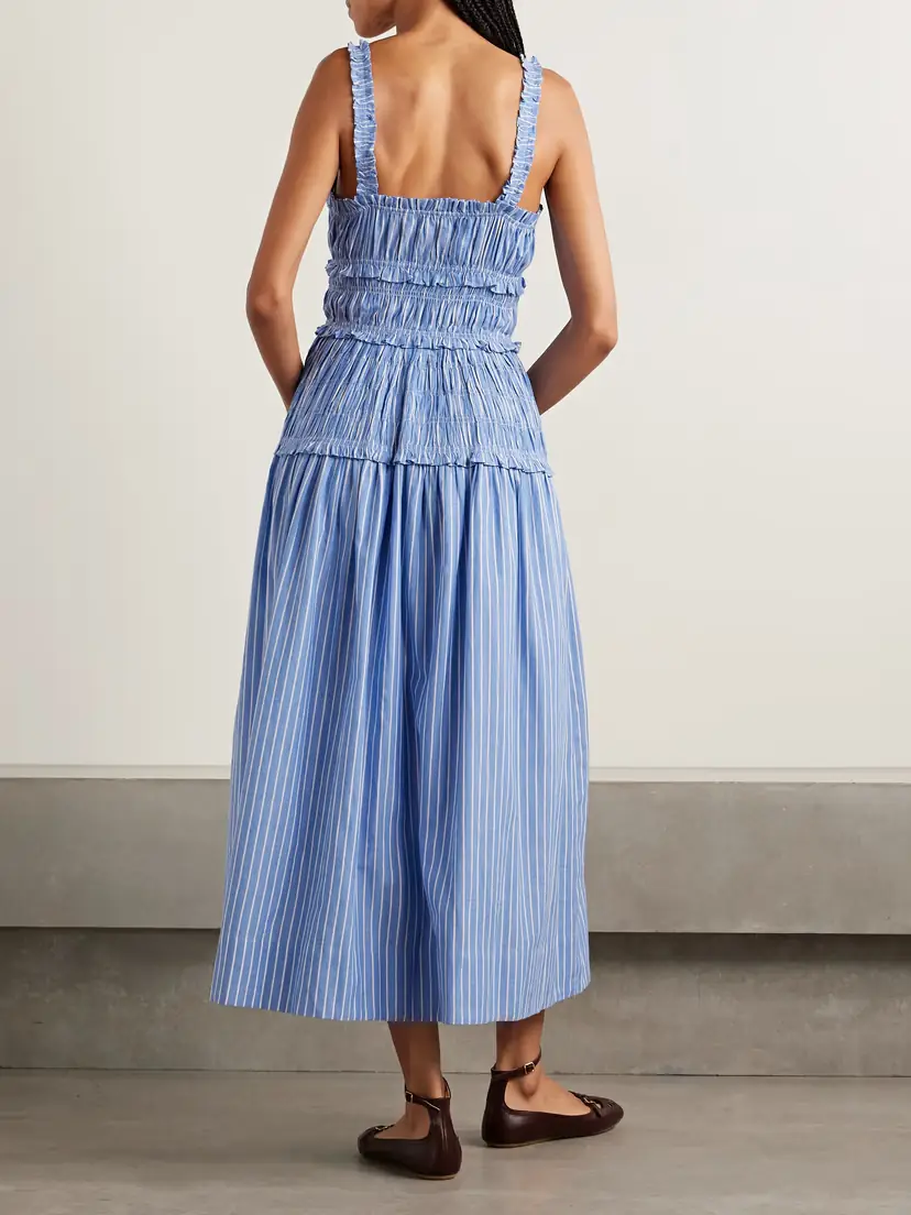 DÔEN Marianne Shirred Striped Cotton-poplin Midi Dress | Thumbnail 3 DÔEN Marianne Shirred Striped Cotton-poplin Midi Dress | Thumbnail 3