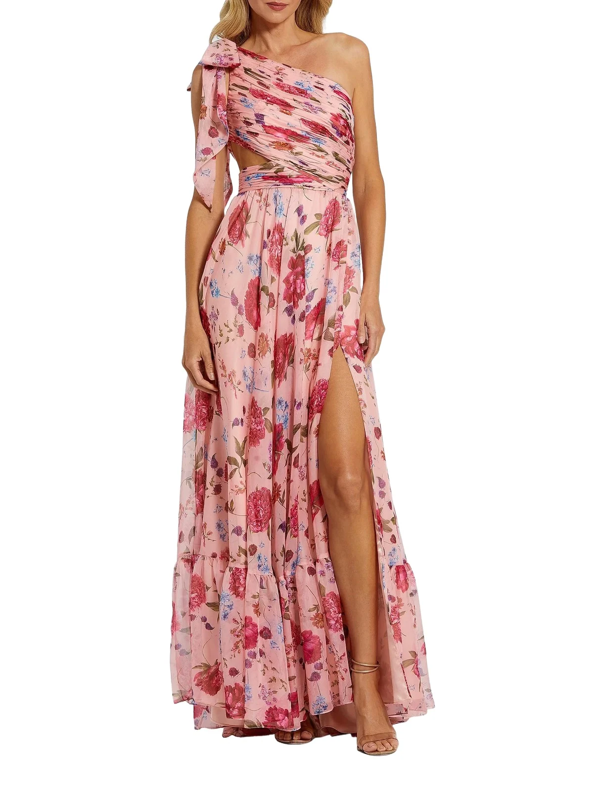 Women's Floral Chiffon Cut-Out One-Shoulder Gown