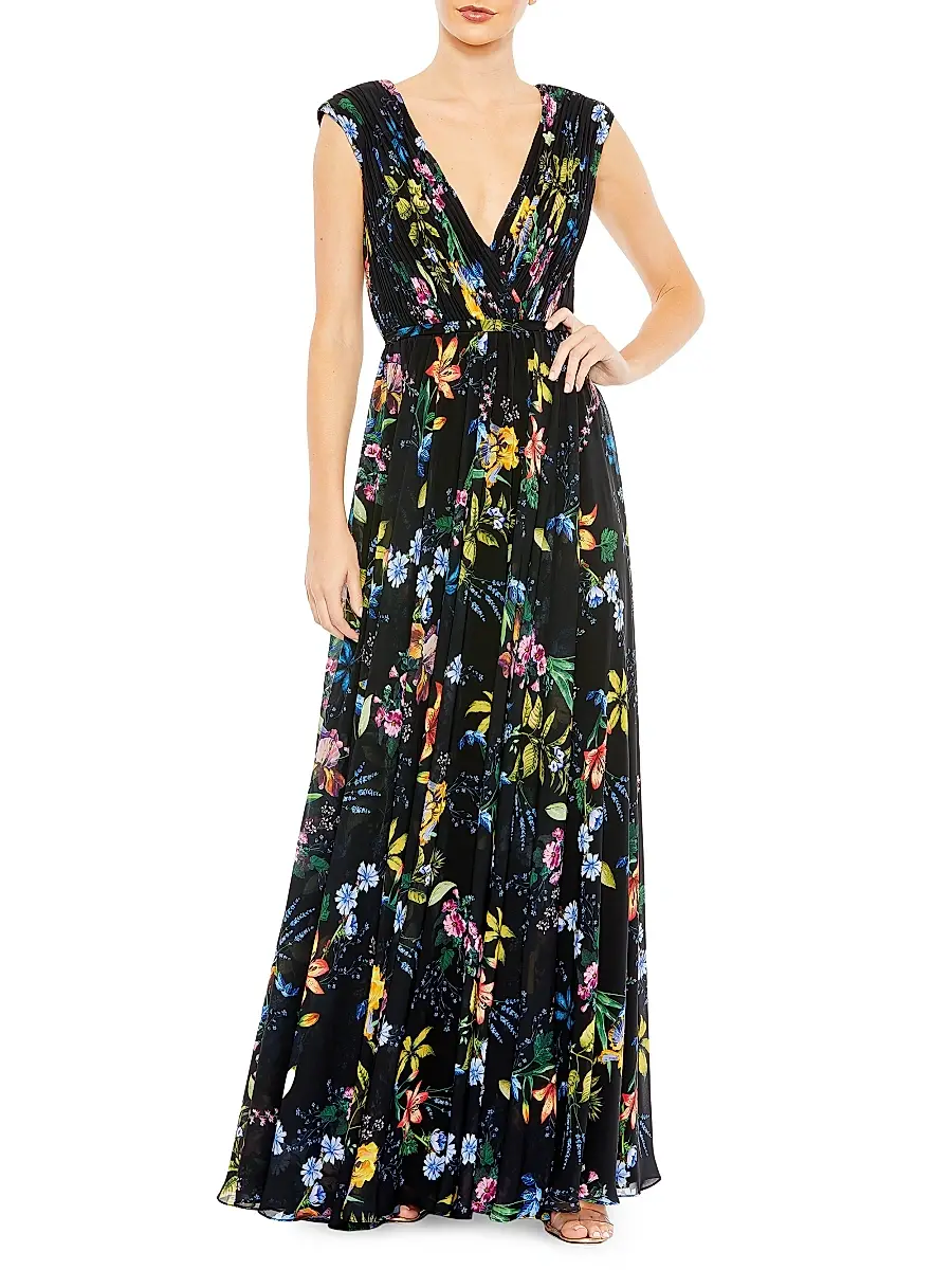 Mac Duggal Women's Pleated Floral A-Line Gown | Thumbnail 2 Mac Duggal Women's Pleated Floral A-Line Gown | Thumbnail 2