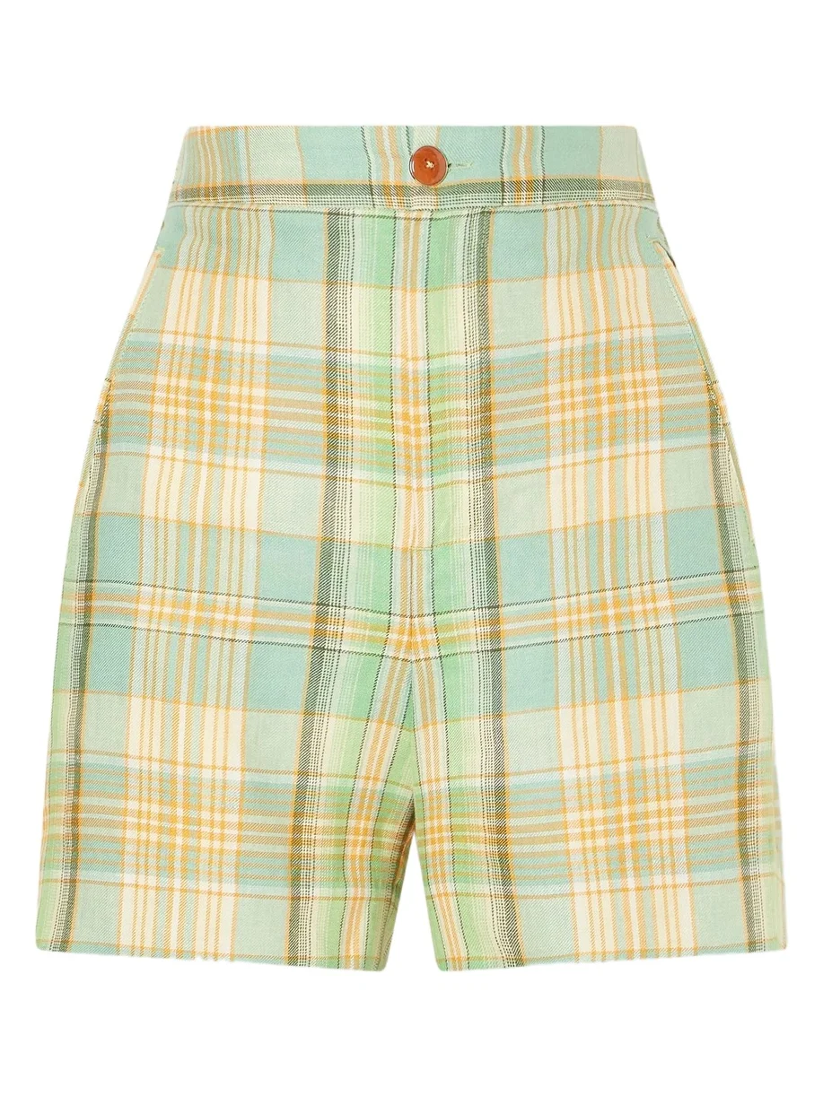 God’s True Cashmere Lime Moss Checked Linen Shorts