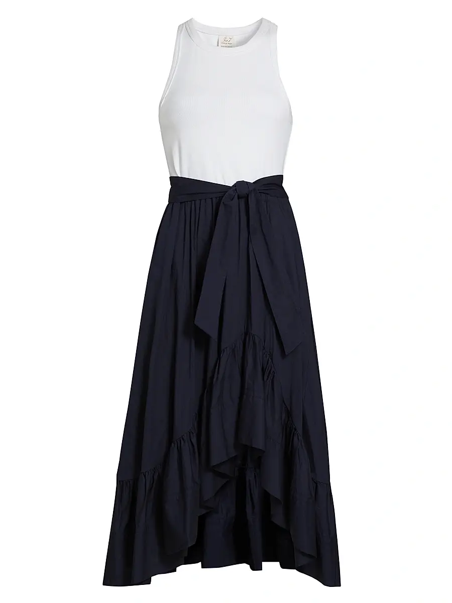 Cinq à Sept Women's Zayla Split Midi-Dress - White Navy | Image 1 Cinq à Sept Women's Zayla Split Midi-Dress - White Navy | Image 1