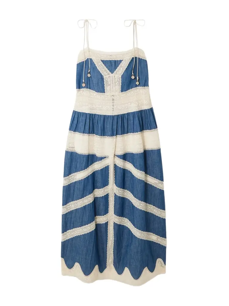 Zimmermann Awaken Lace-trimmed Denim Midi Dress | Image 1 Zimmermann Awaken Lace-trimmed Denim Midi Dress | Image 1