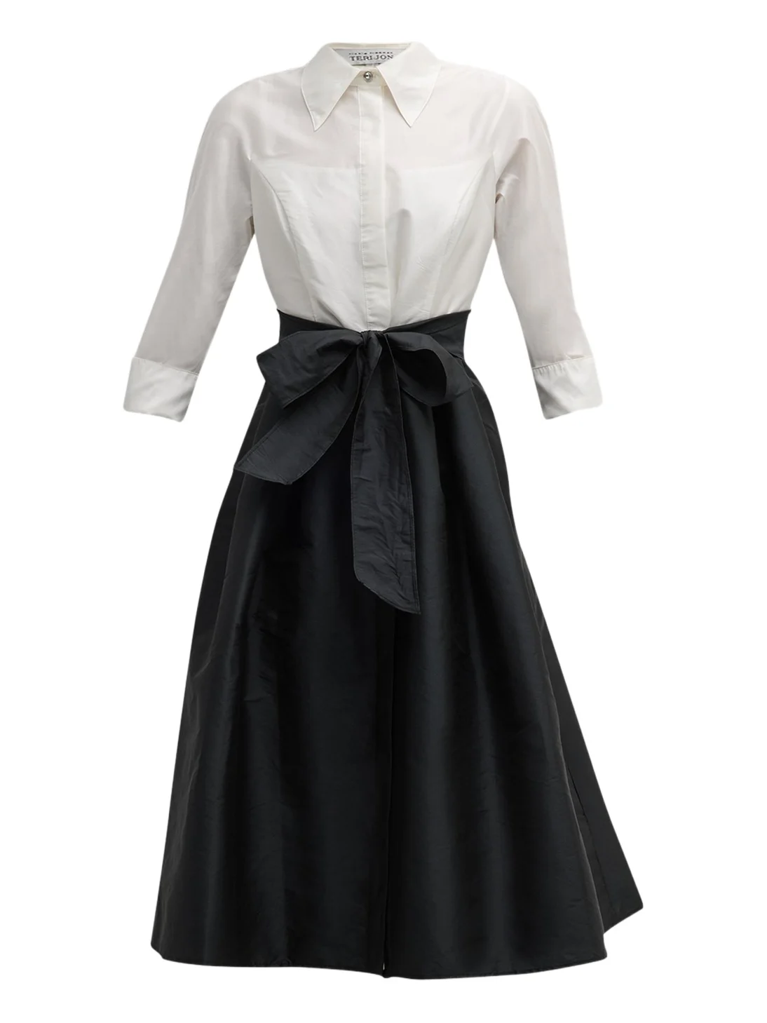 Two-Tone 3/4-Sleeve Taffeta Shirtdress