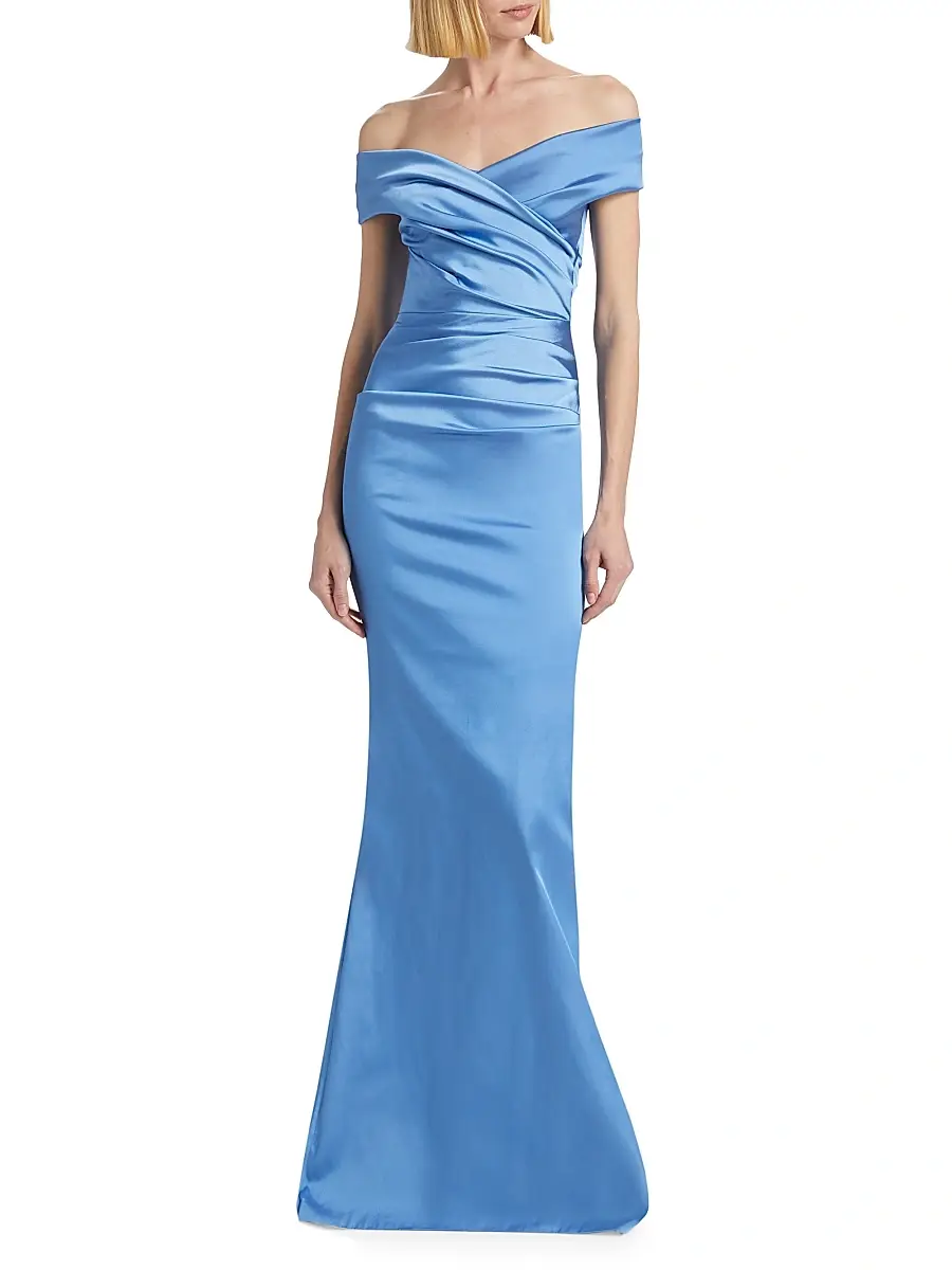 Teri Jon by Rickie Freeman Women's Off-The-Shoulder Ruched Satin Gown | Thumbnail 3 Teri Jon by Rickie Freeman Women's Off-The-Shoulder Ruched Satin Gown | Thumbnail 3