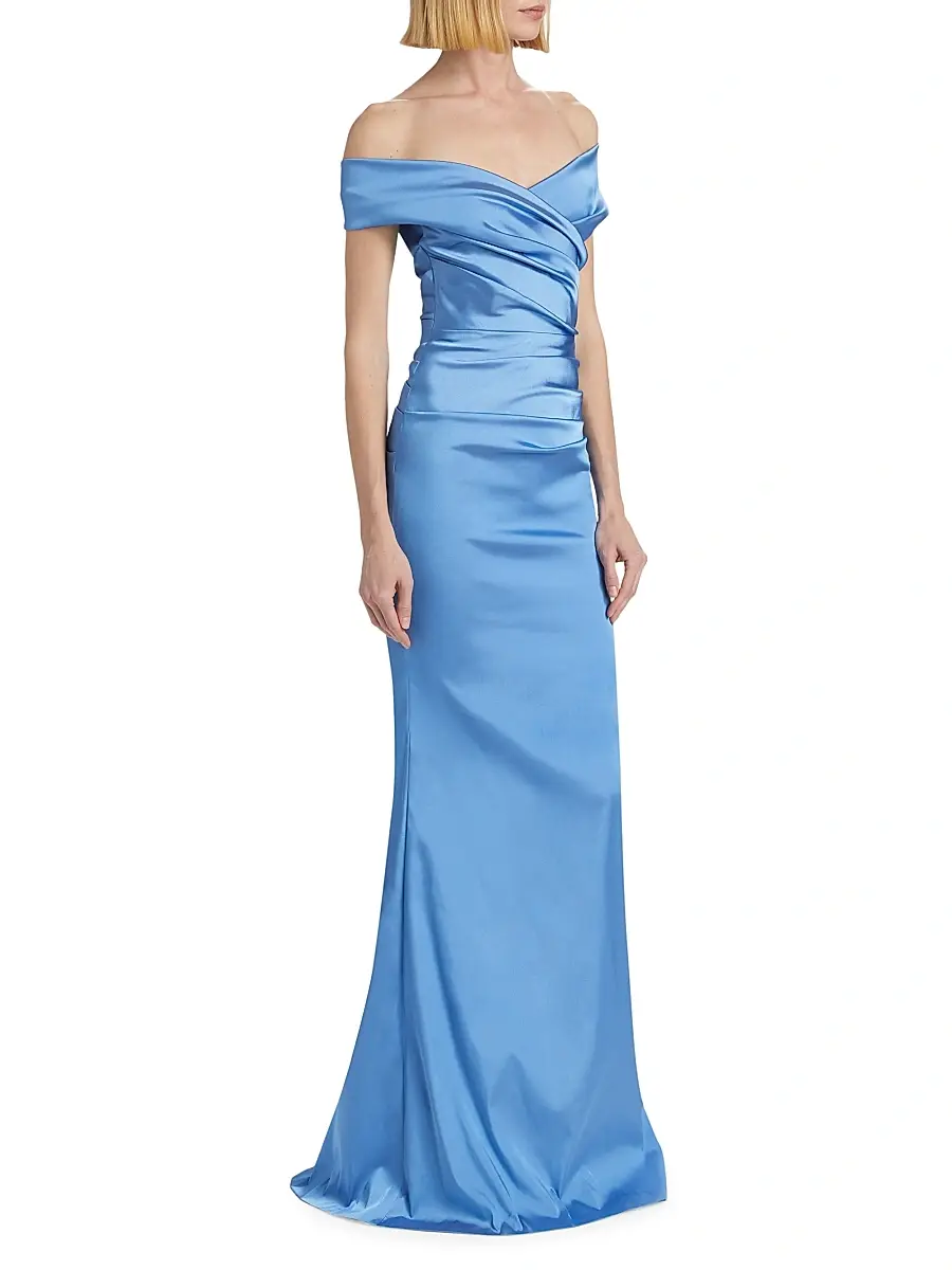 Teri Jon by Rickie Freeman Women's Off-The-Shoulder Ruched Satin Gown | Thumbnail 4 Teri Jon by Rickie Freeman Women's Off-The-Shoulder Ruched Satin Gown | Thumbnail 4