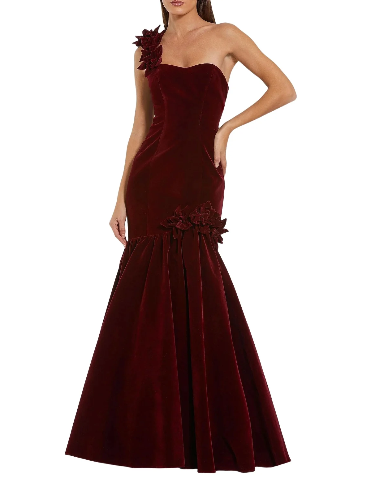 Women's Velvet One-Shoulder Trumpet Bubble Hem Gown Women's Velvet One-Shoulder Trumpet Bubble Hem Gown