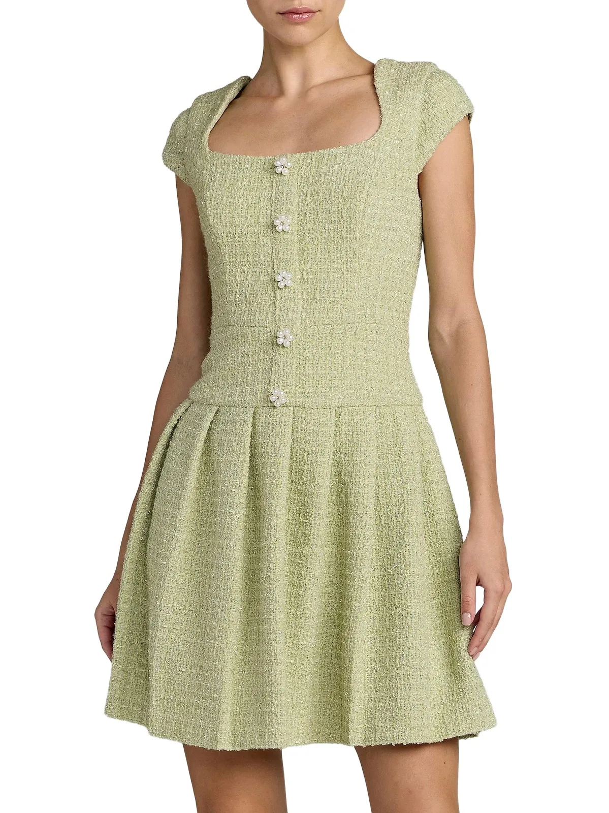 Women's Bouclé Pleated Square-Neck Minidress Women's Bouclé Pleated Square-Neck Minidress