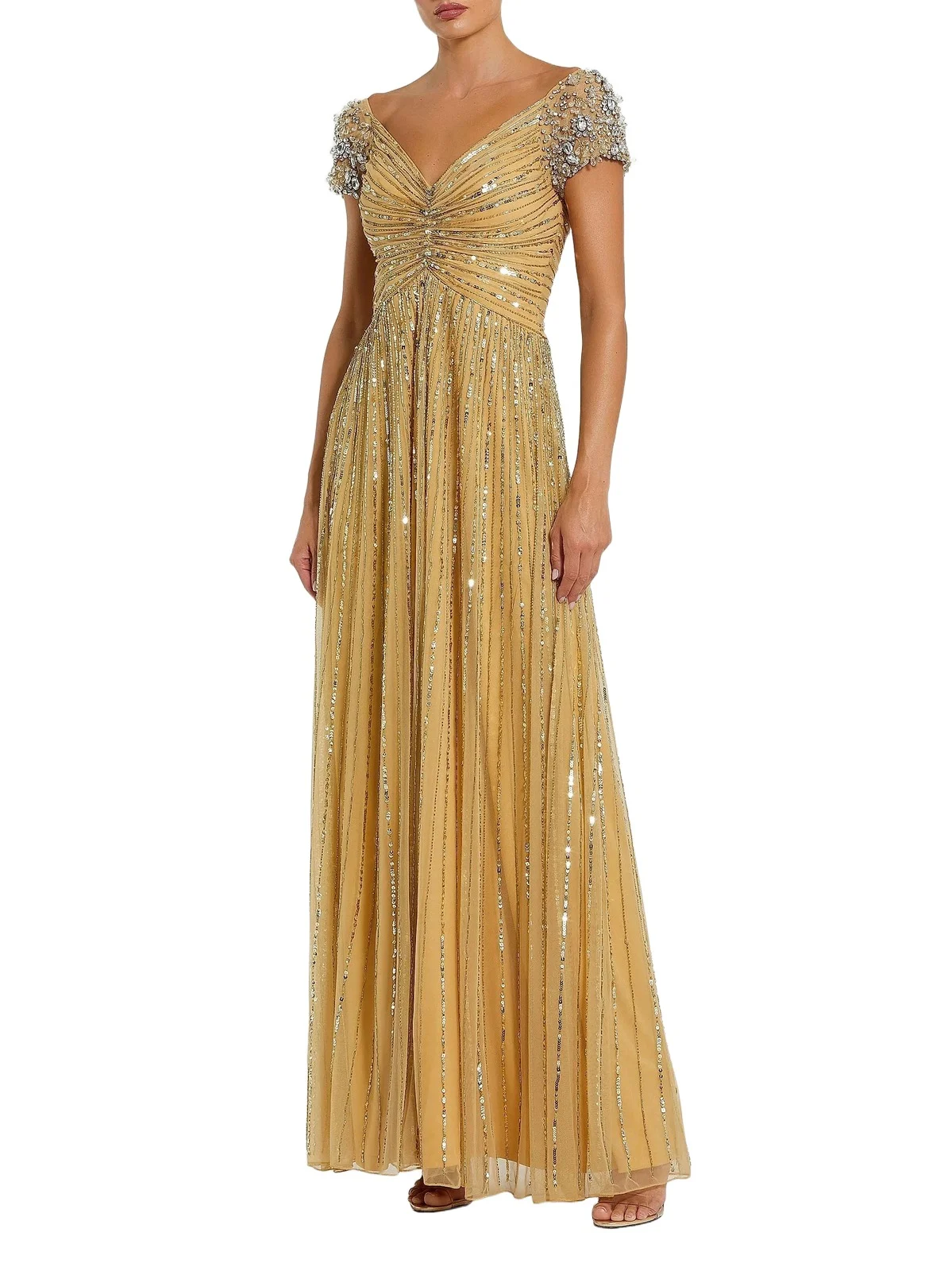 Women's Embellished Mesh Fit & Flare Gown - Gold