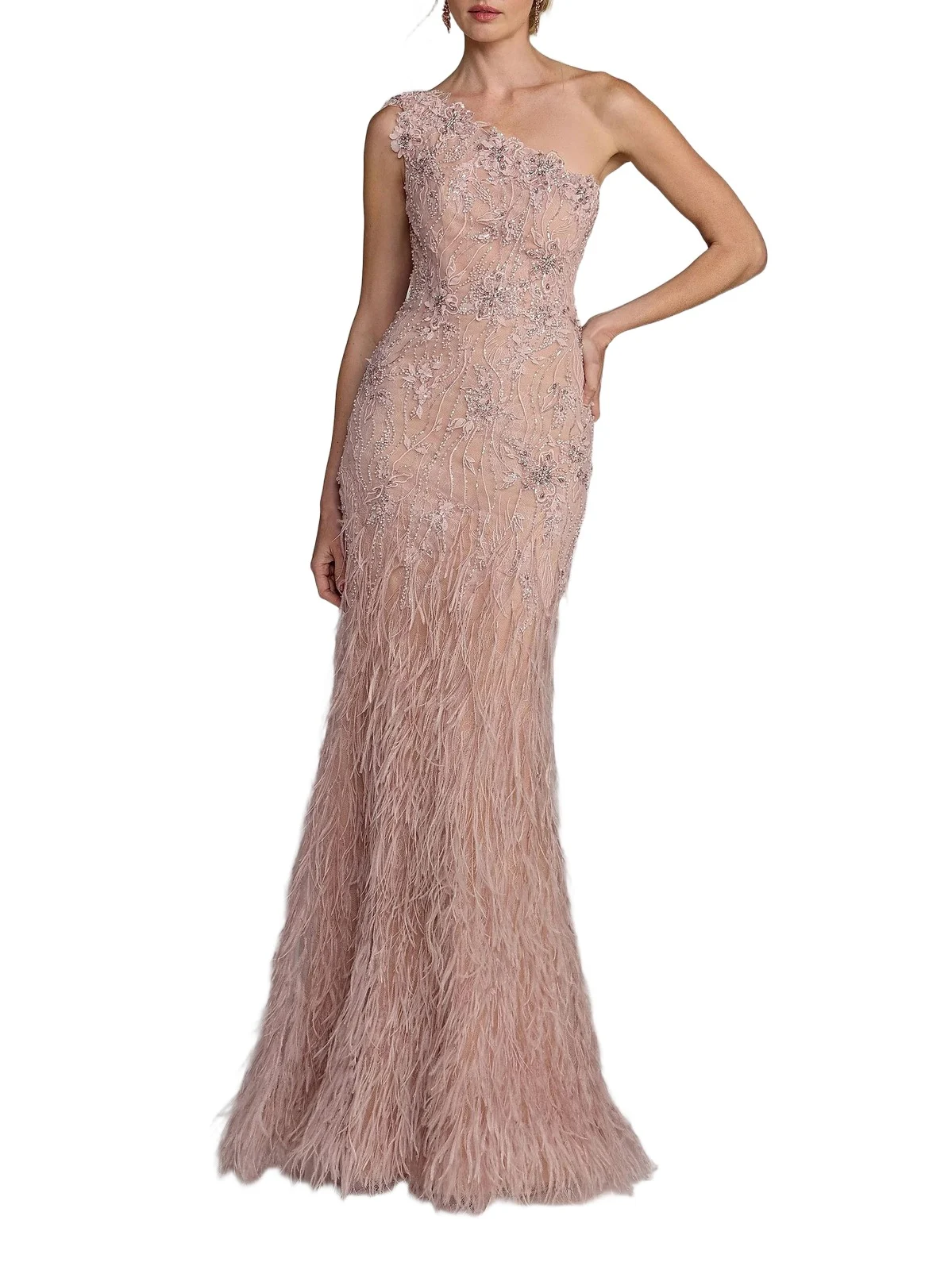 Women's Embellished Lace One-Shoulder Feather Gown Women's Embellished Lace One-Shoulder Feather Gown