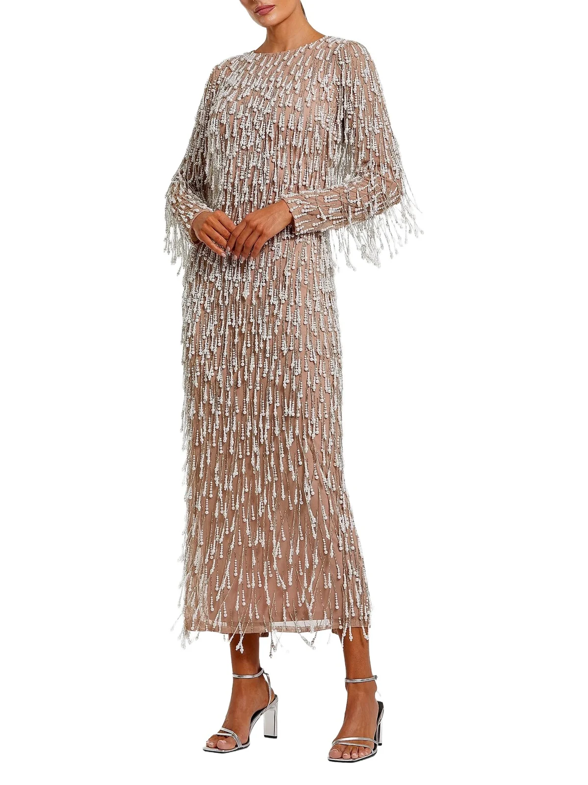 Women's Pearl Fringe Mesh Midi-Dress Women's Pearl Fringe Mesh Midi-Dress