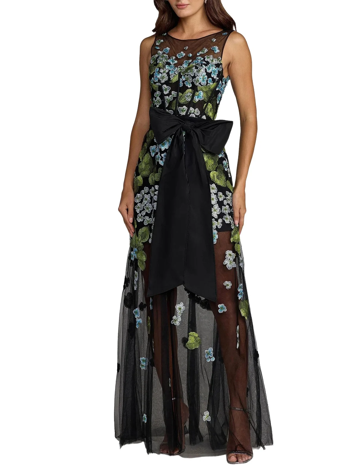 Mac Duggal Women's Floral Embroidered Bow Appliqué Mesh Gown