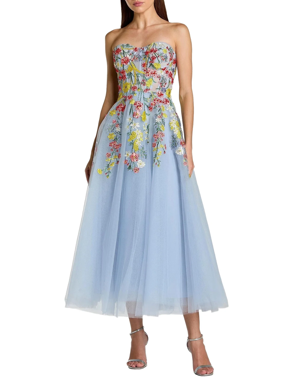 Women's Floral-Embroidered Mesh Strapless Cocktail Dress Women's Floral-Embroidered Mesh Strapless Cocktail Dress