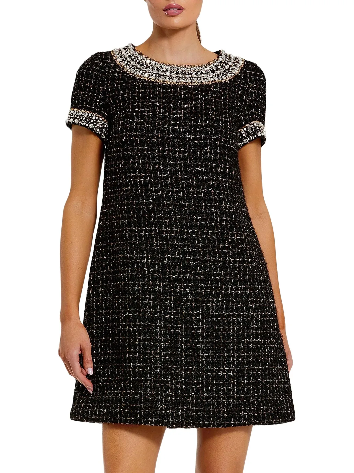 Mac Duggal Women's Short Sleeve Bouclé Minidress With Beading Detail - Black Gold