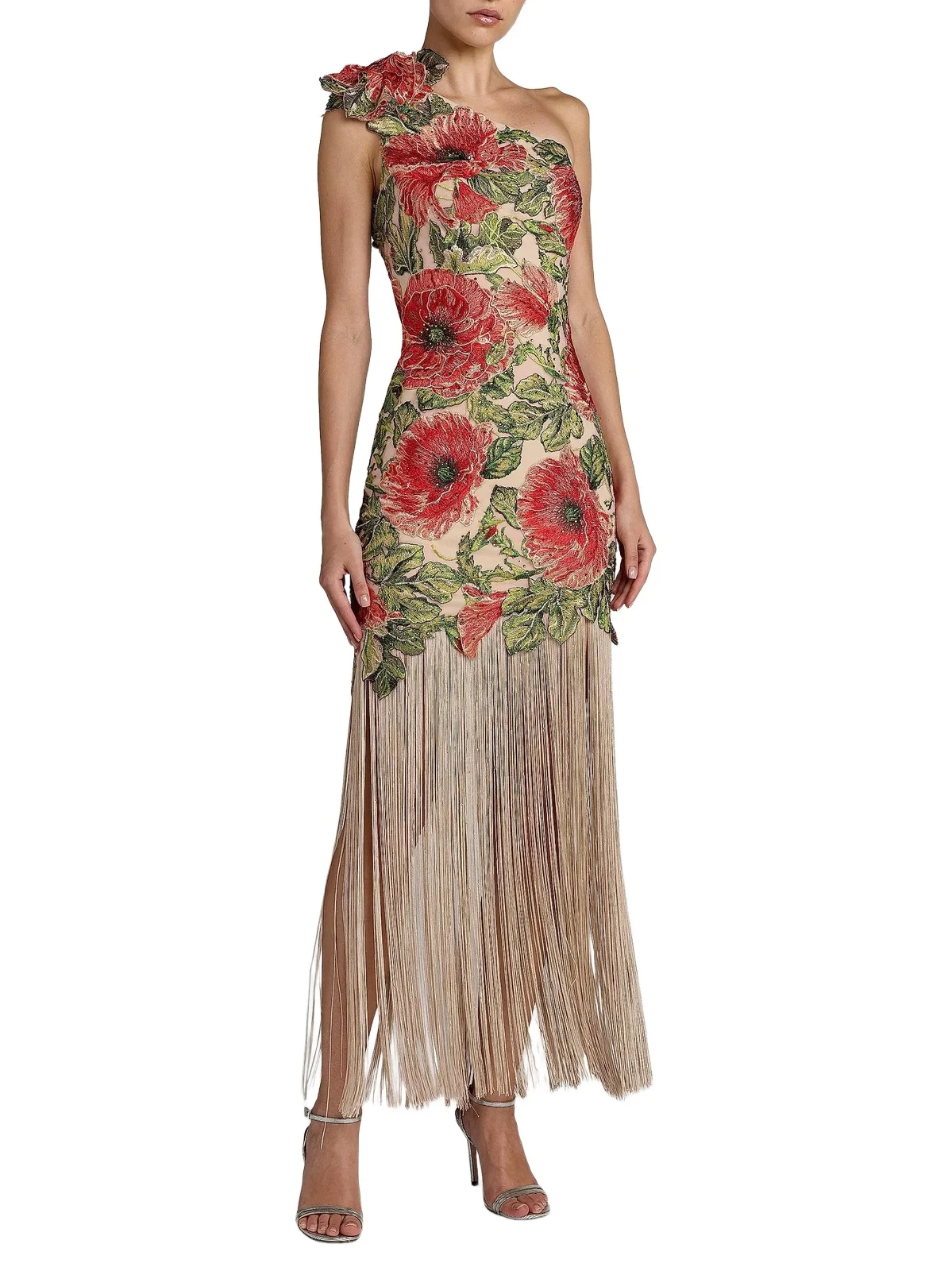 Women's Floral Appliqué Fringed One-Shoulder Gown